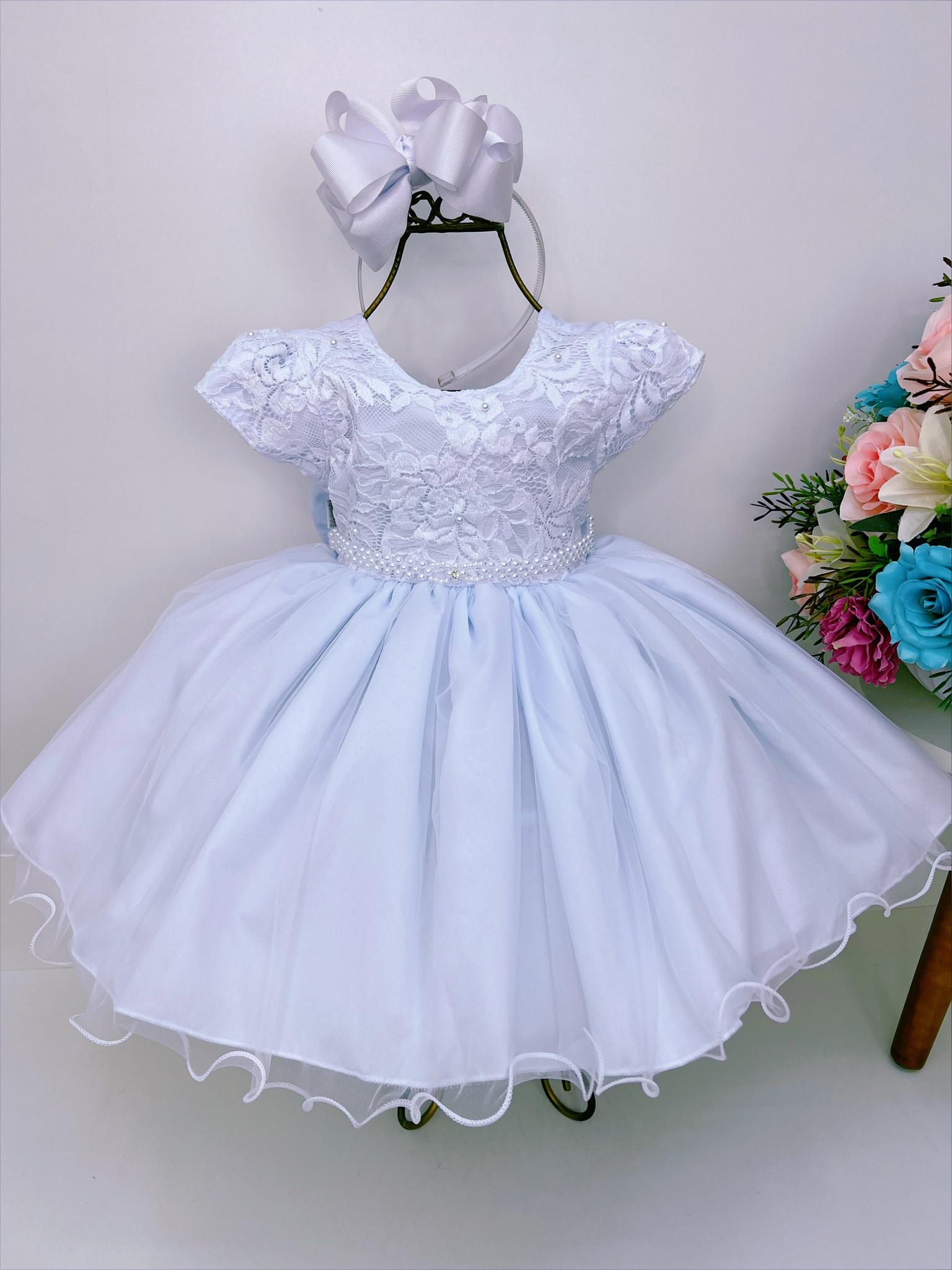 Vestido Infantil Branco Busto Renda C/ Pérolas Batizado