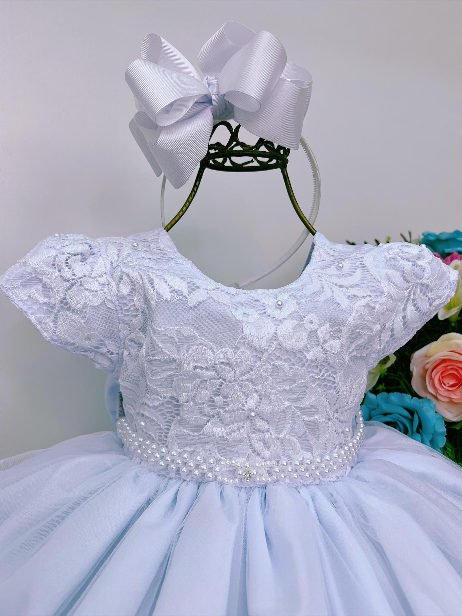 Vestido Infantil Branco Busto Renda C/ Pérolas Batizado