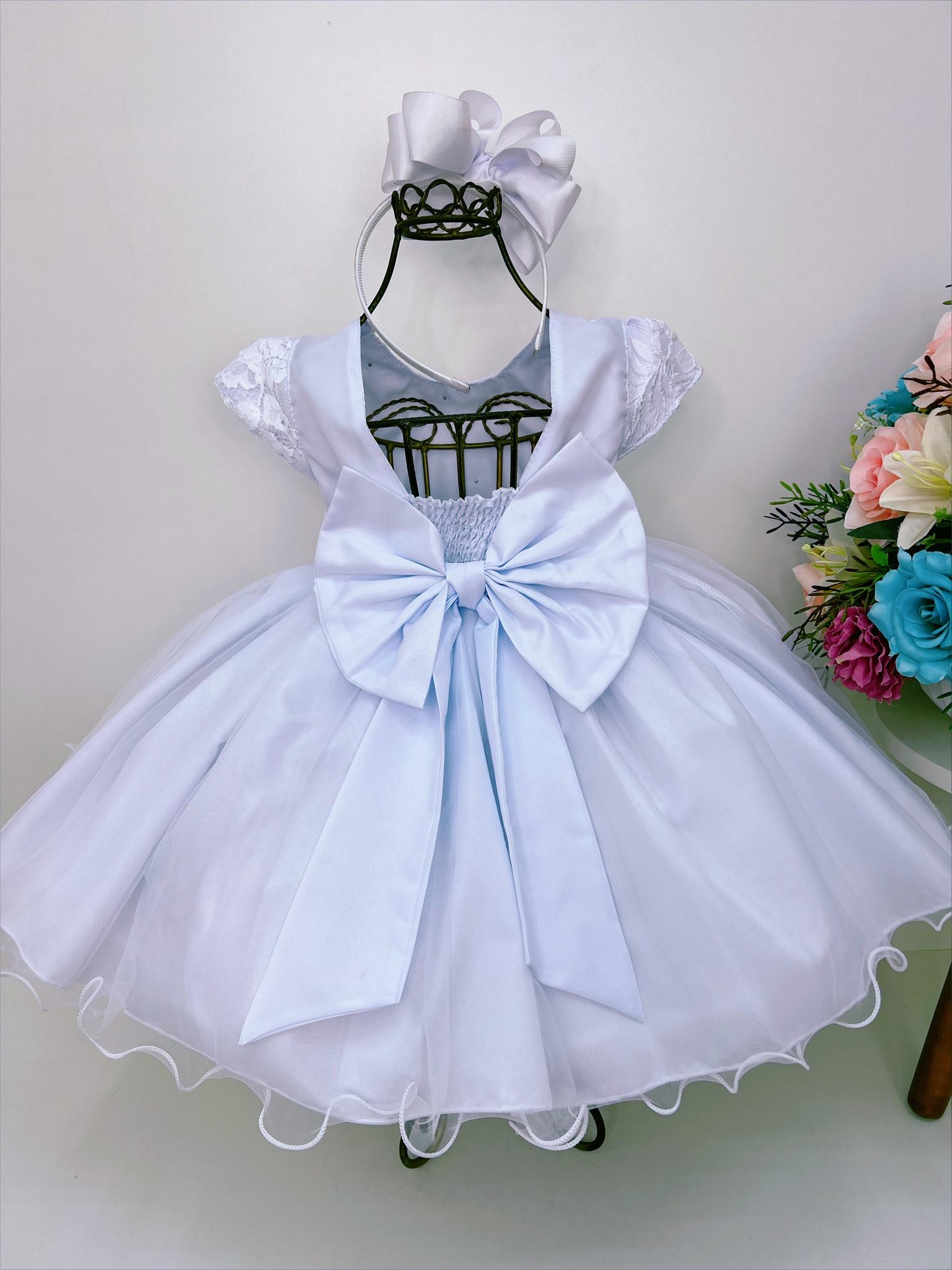 Vestido Infantil Branco Busto Renda C/ Pérolas Batizado