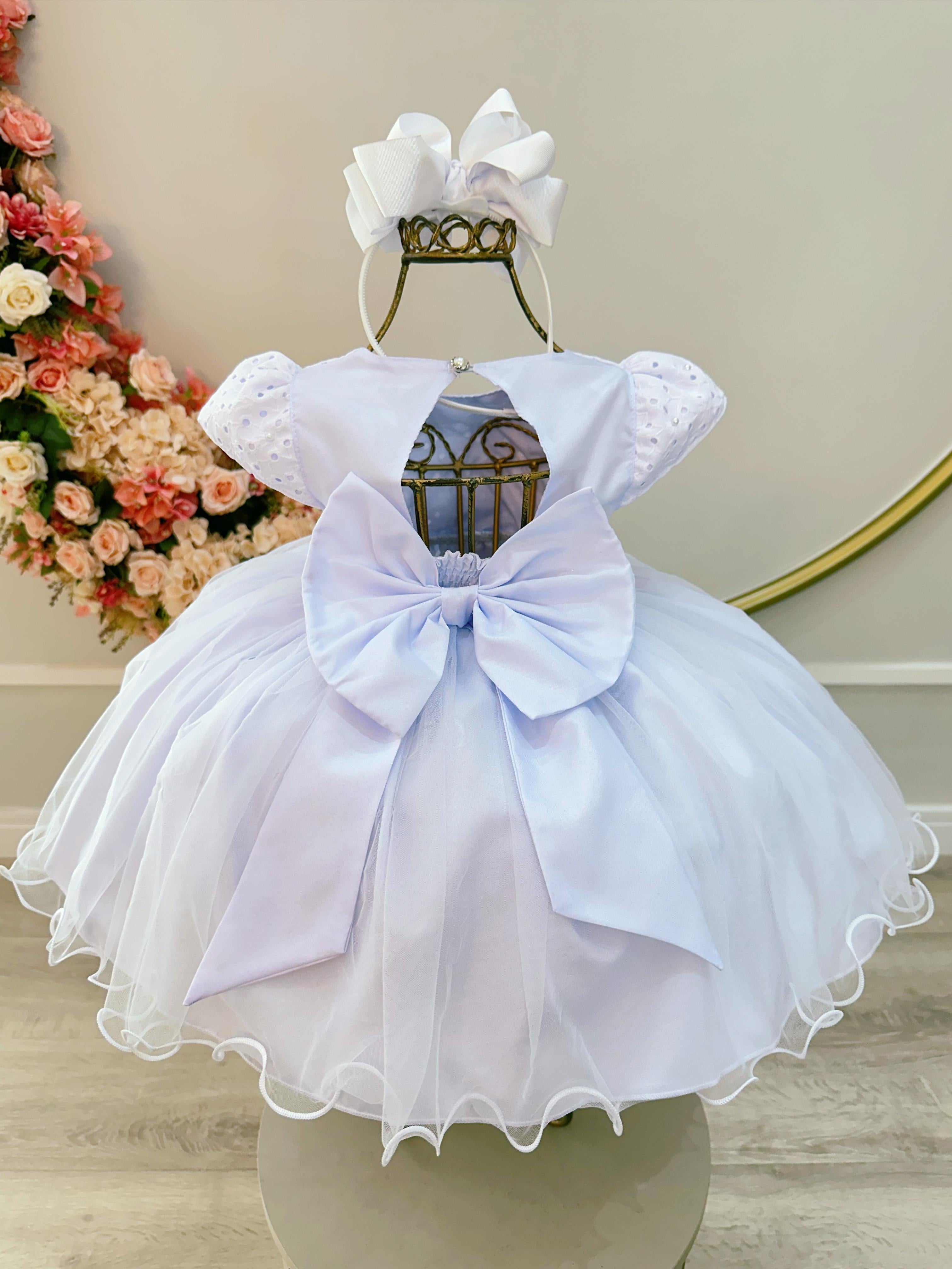 Vestido Infantil Branco Laise Aplique Flor Pérolas Batizado