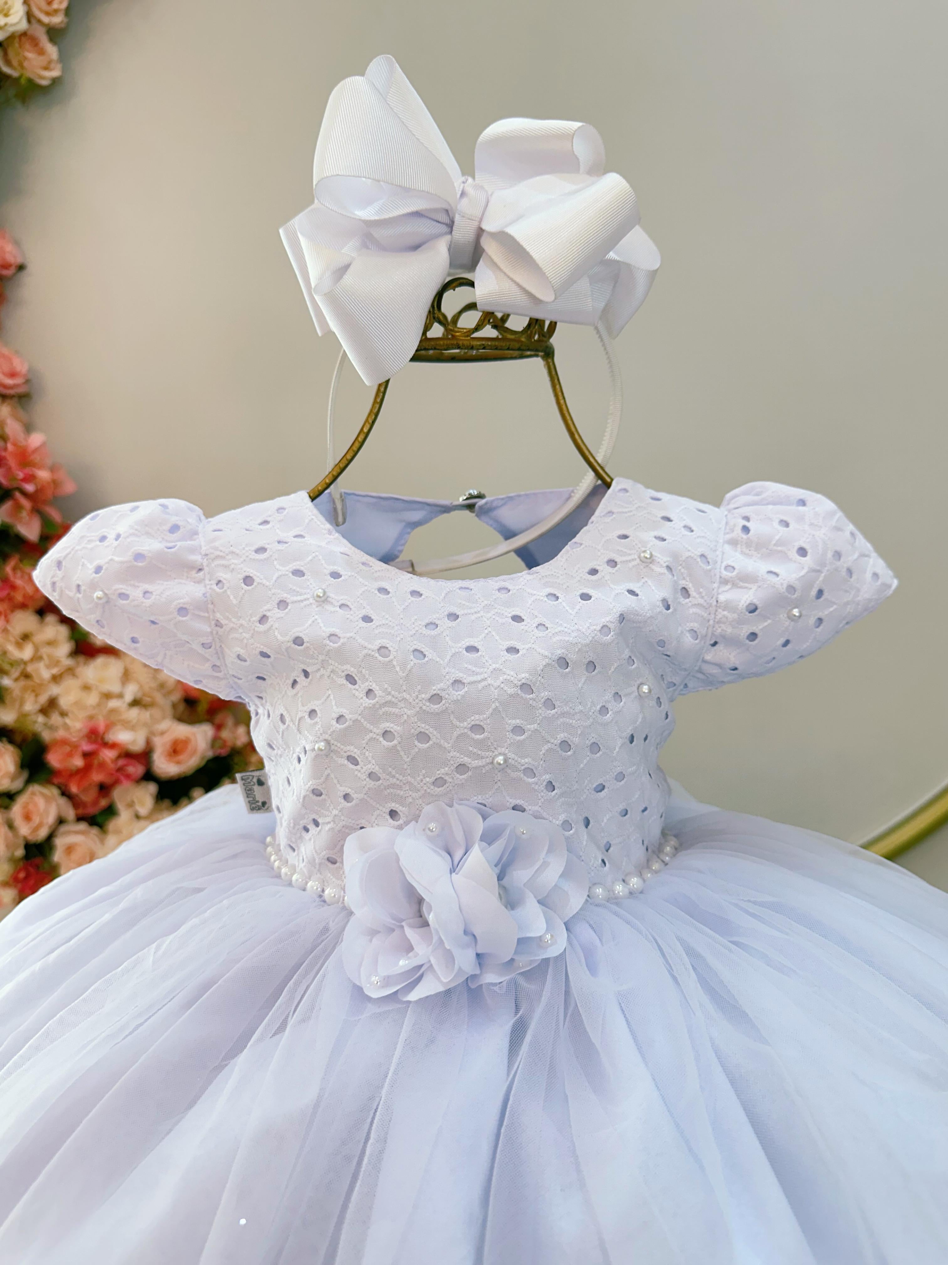 Vestido Infantil Branco Laise Aplique Flor Pérolas Batizado