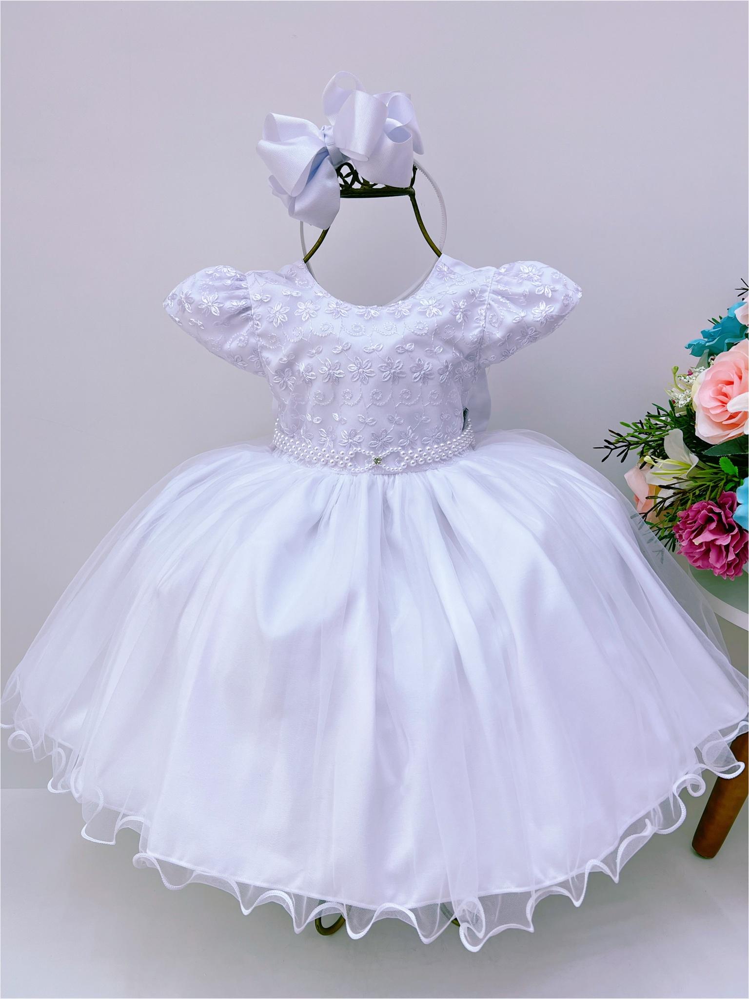 Vestido Infantil Branco Renda Busto Batizado Cinto Pérolas