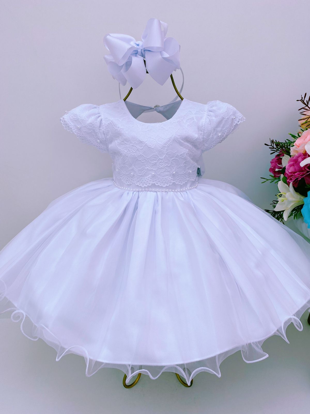 Vestido Infantil Branco Renda no Busto e Pérolas Batizado Luxo