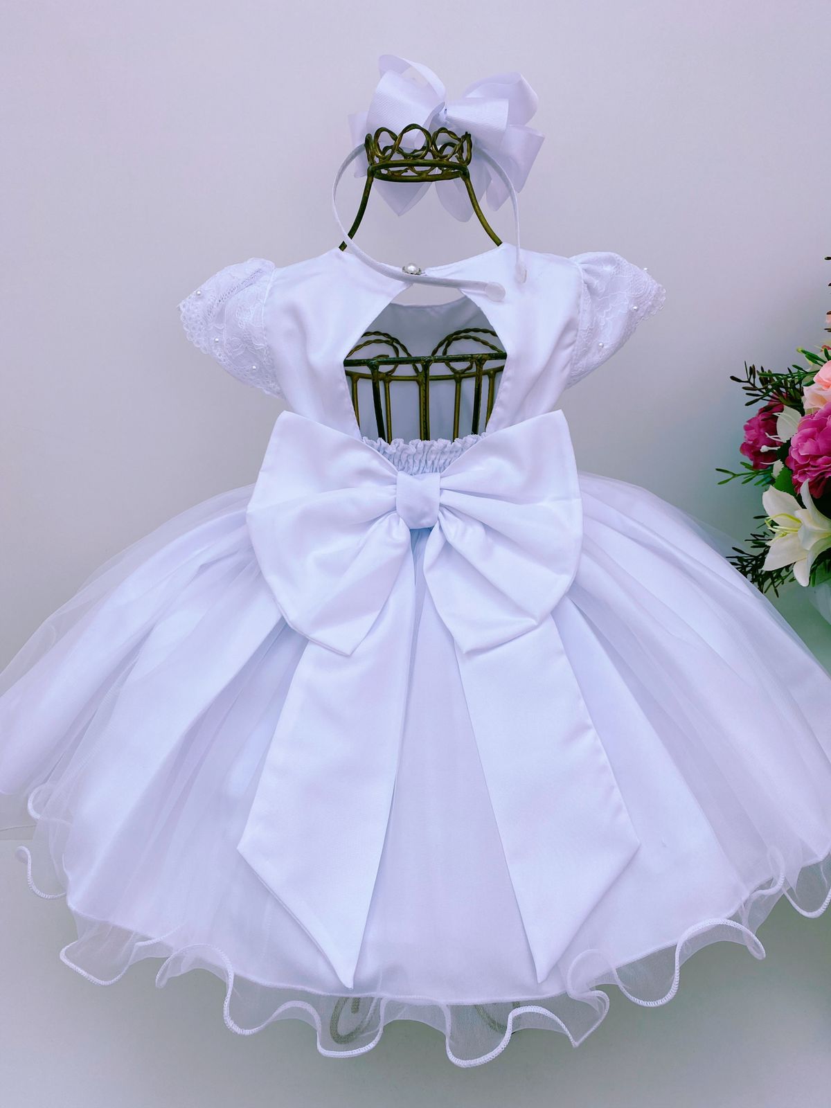 Vestido Infantil Branco Renda no Busto e Pérolas Batizado Luxo