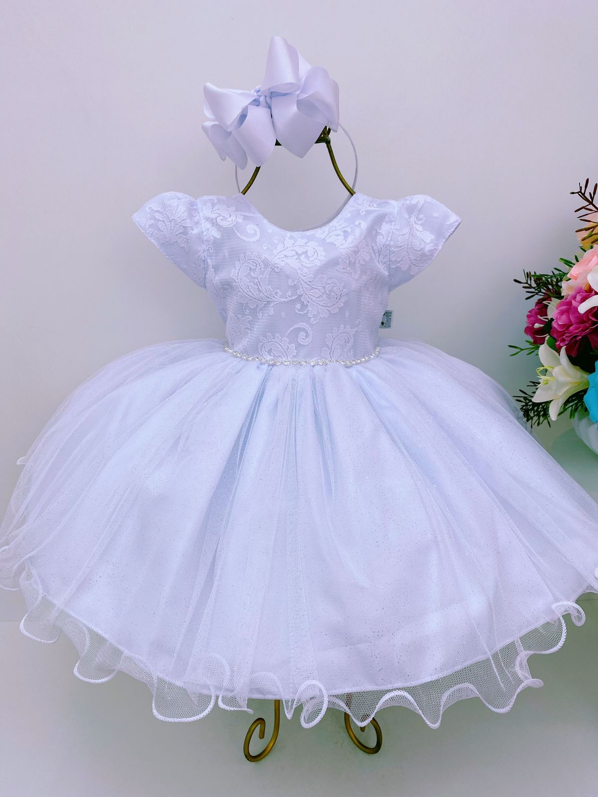 Vestido Infantil Branco Renda no Busto Saia Brilho Batizado