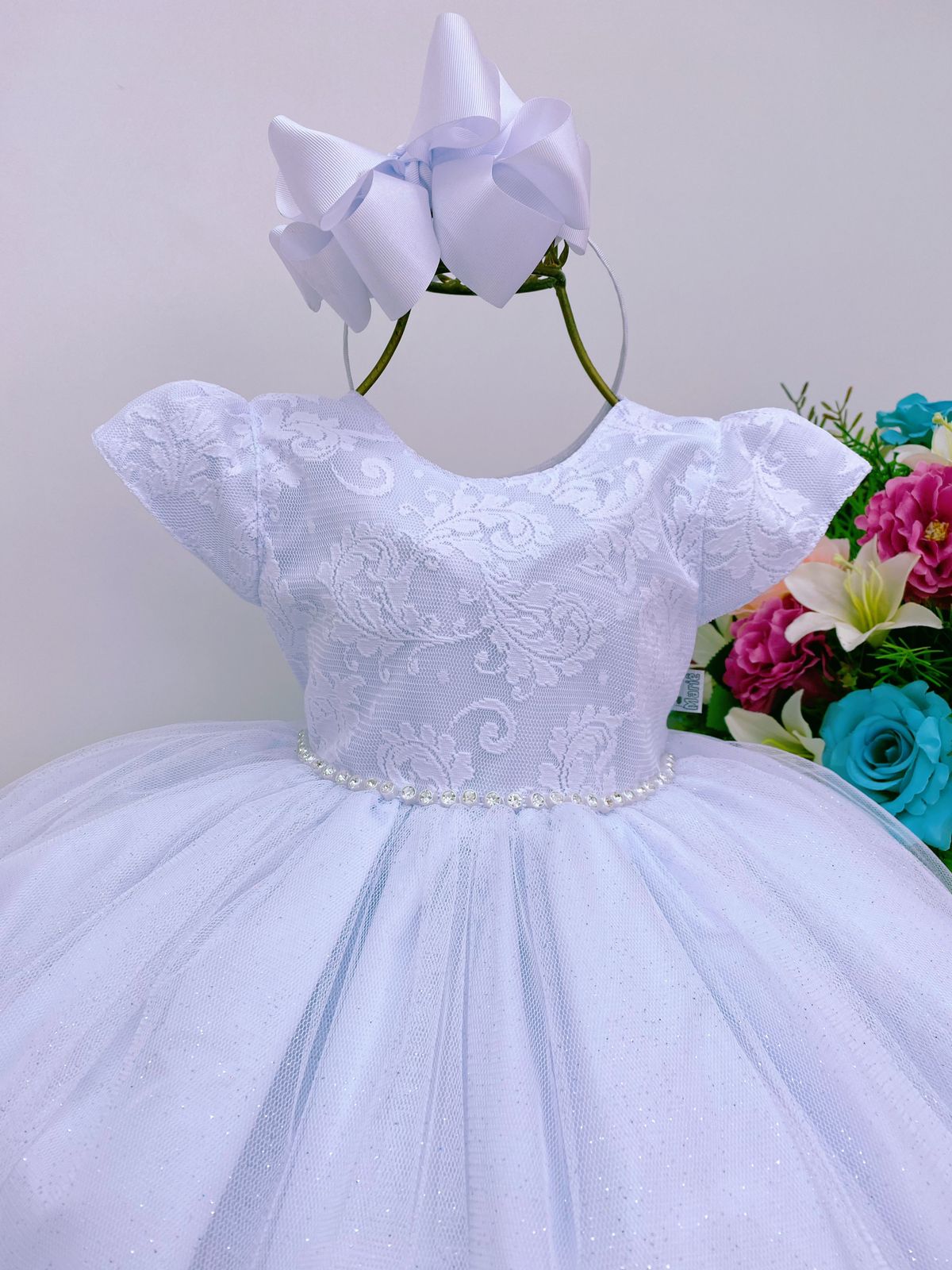 Vestido Infantil Branco Renda no Busto Saia Brilho Batizado