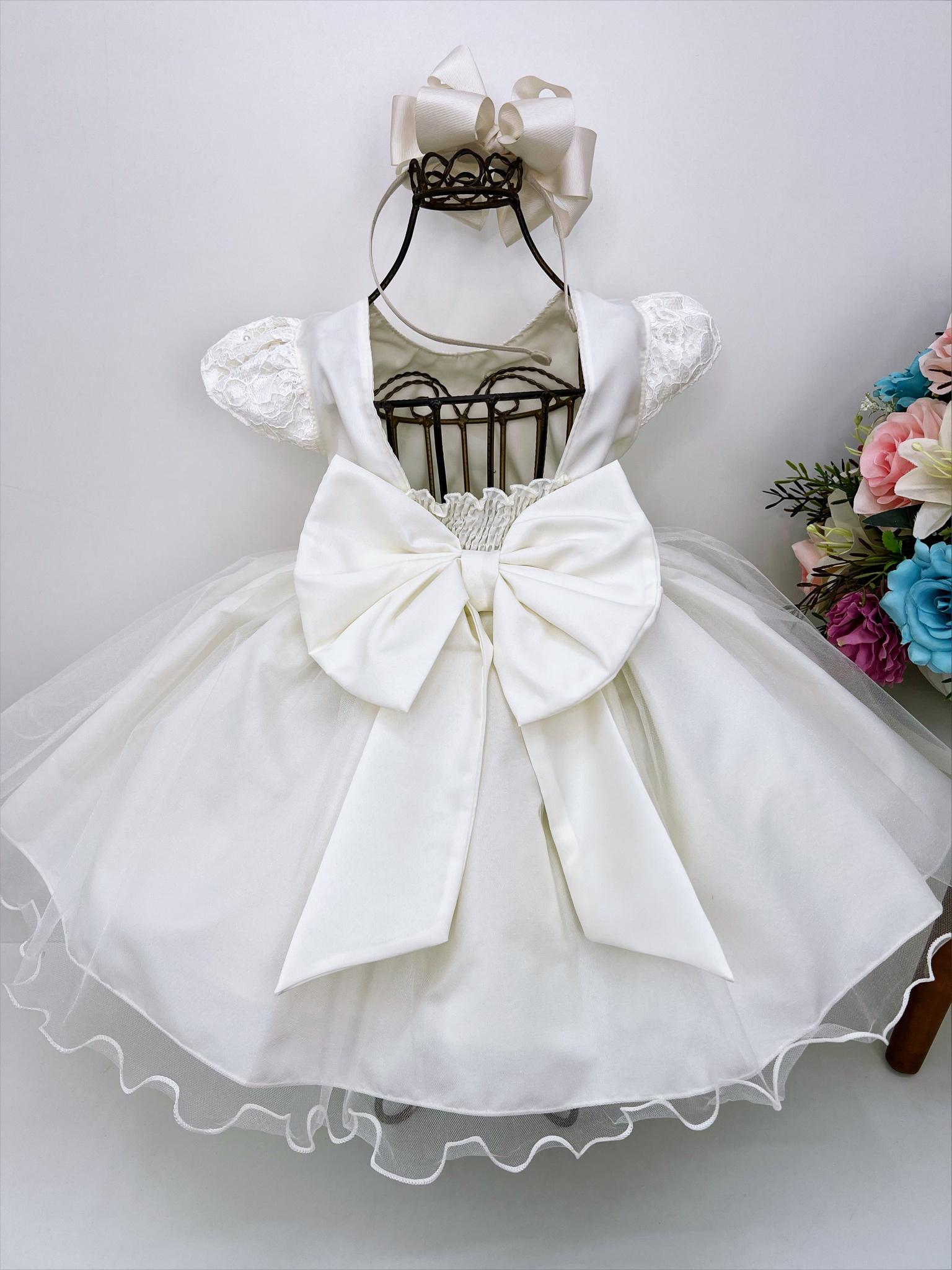 Vestido Infantil Marfim Busto C/ Renda e Pérolas Batizado