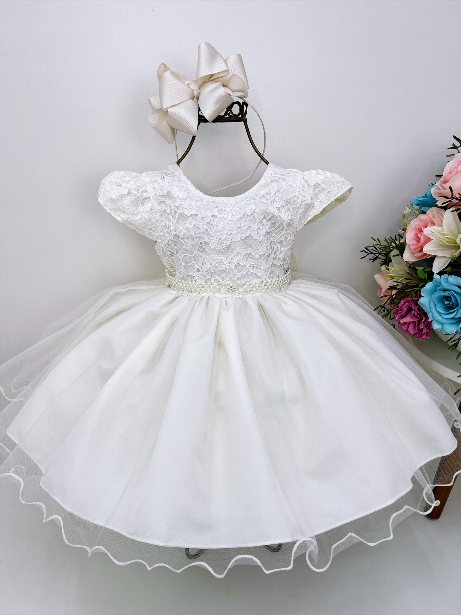 Vestido Infantil Marfim Busto C/ Renda e Pérolas Batizado