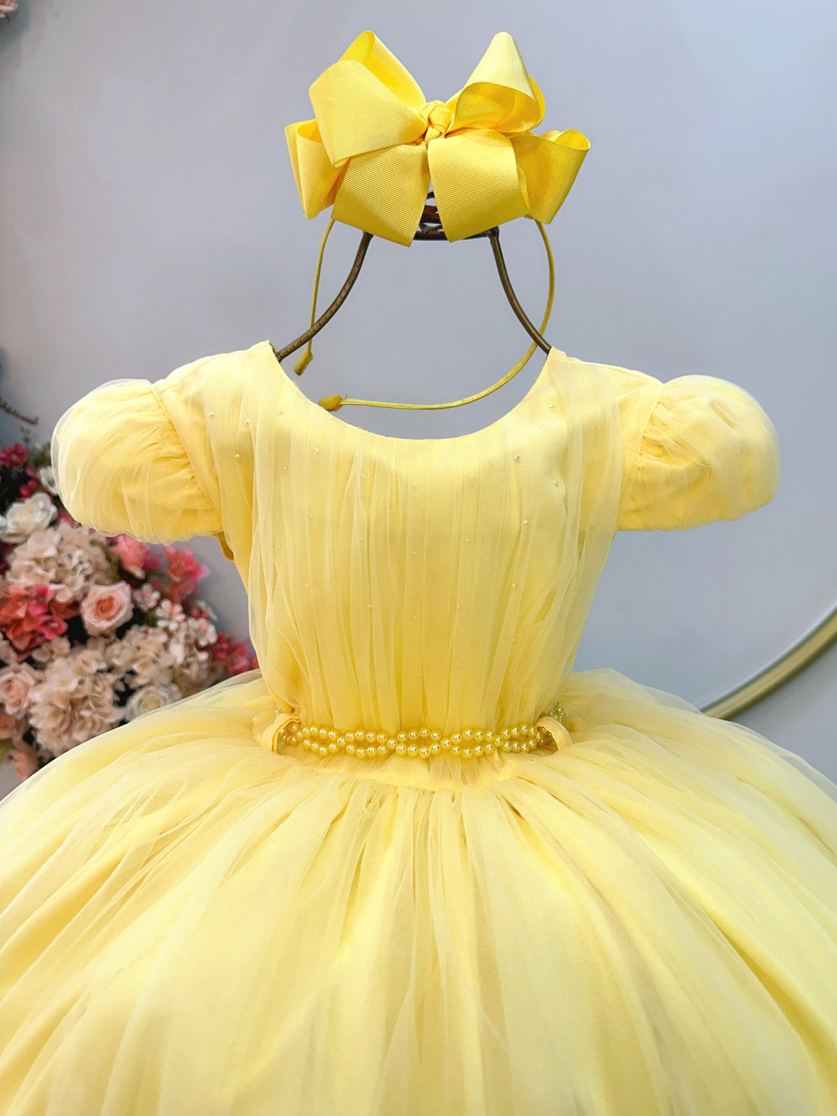 Vestido Infantil Amarelo Cinto de Pérolas Casamentos Festas