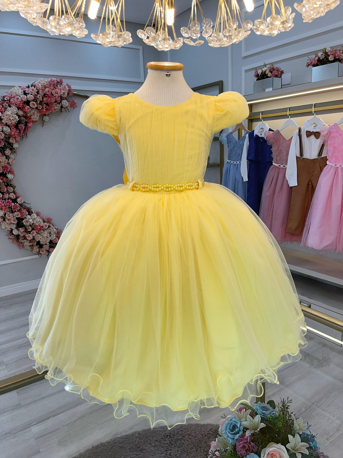 Vestido Infantil Amarelo Cinto de Pérolas Casamentos Festas