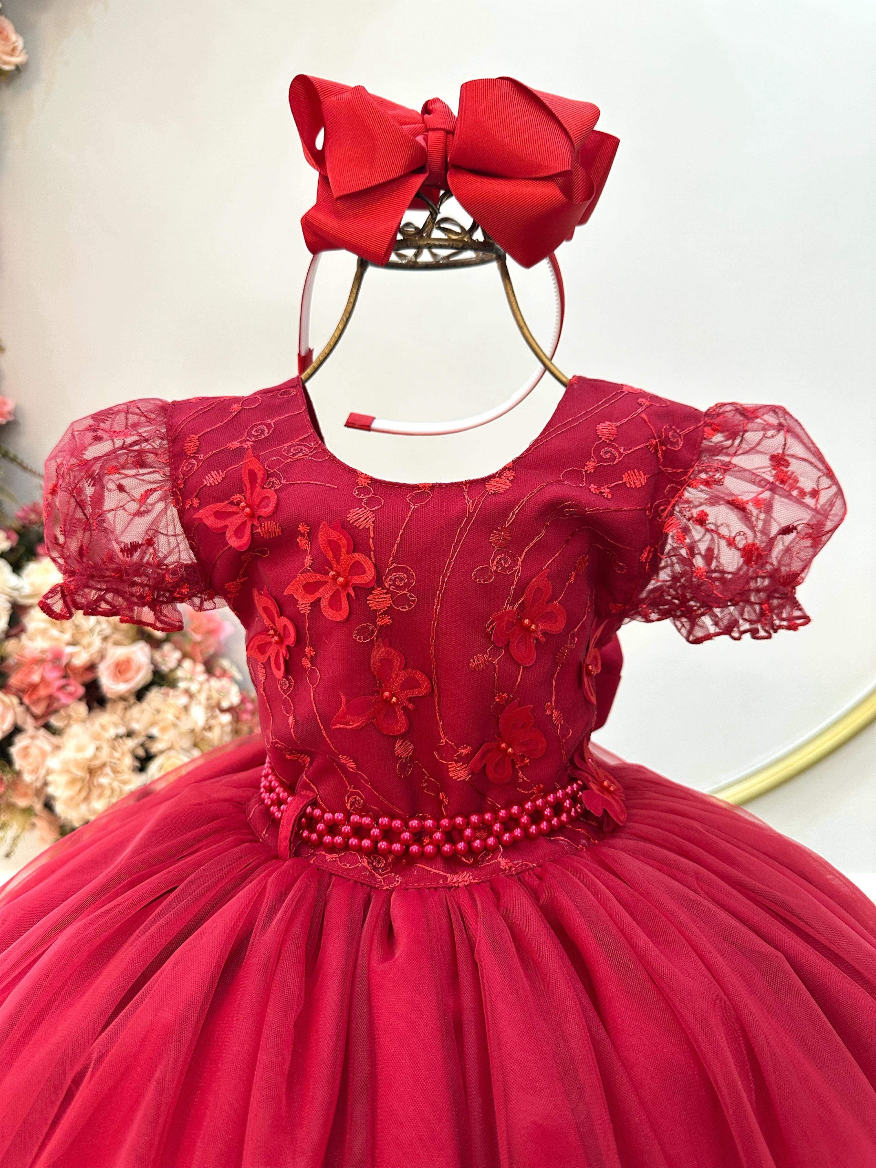 Vestido Infantil Vermelho Escuro Com Renda Daminhas Festas