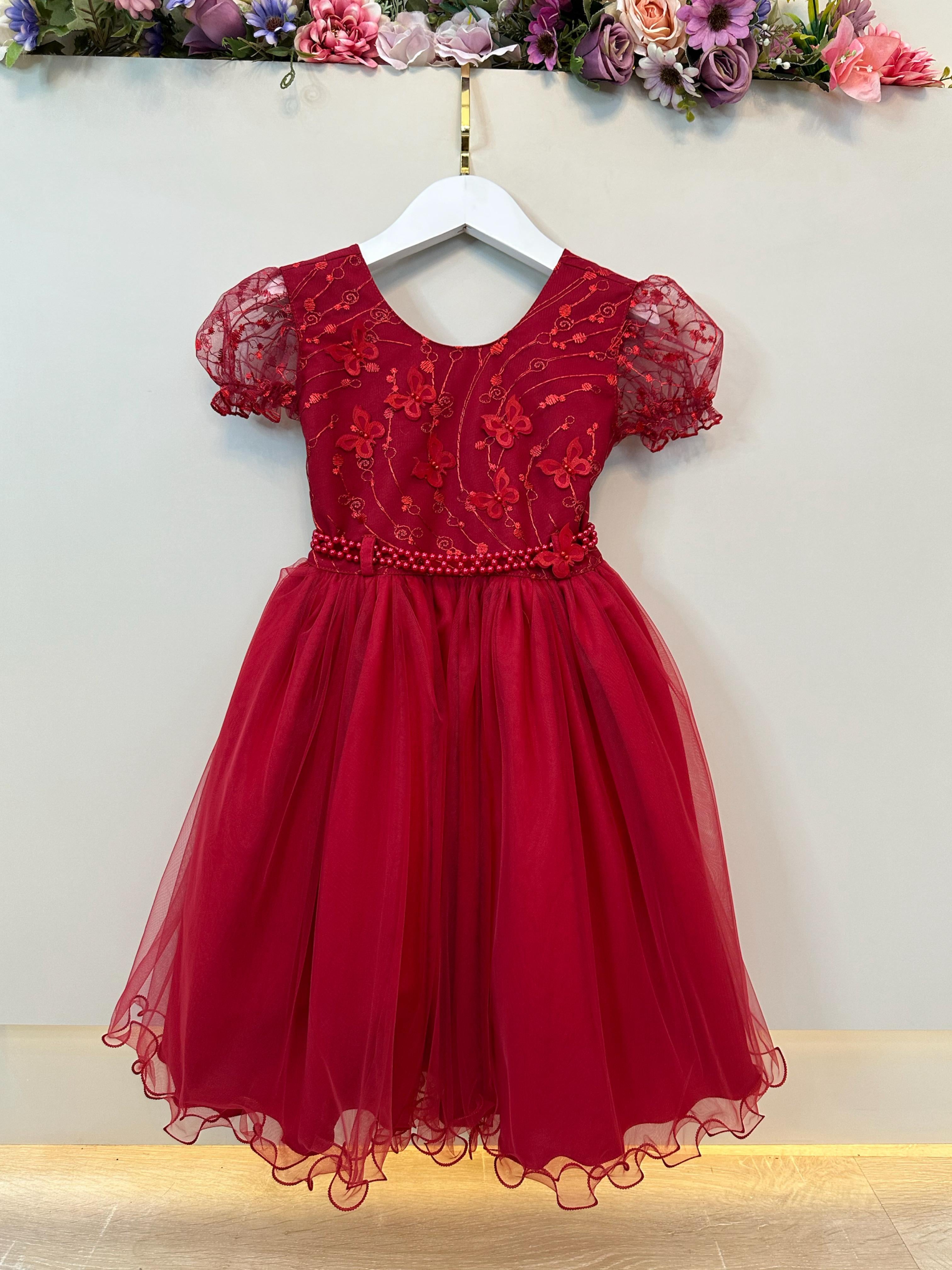 Vestido Infantil Vermelho Escuro Com Renda Daminhas Festas