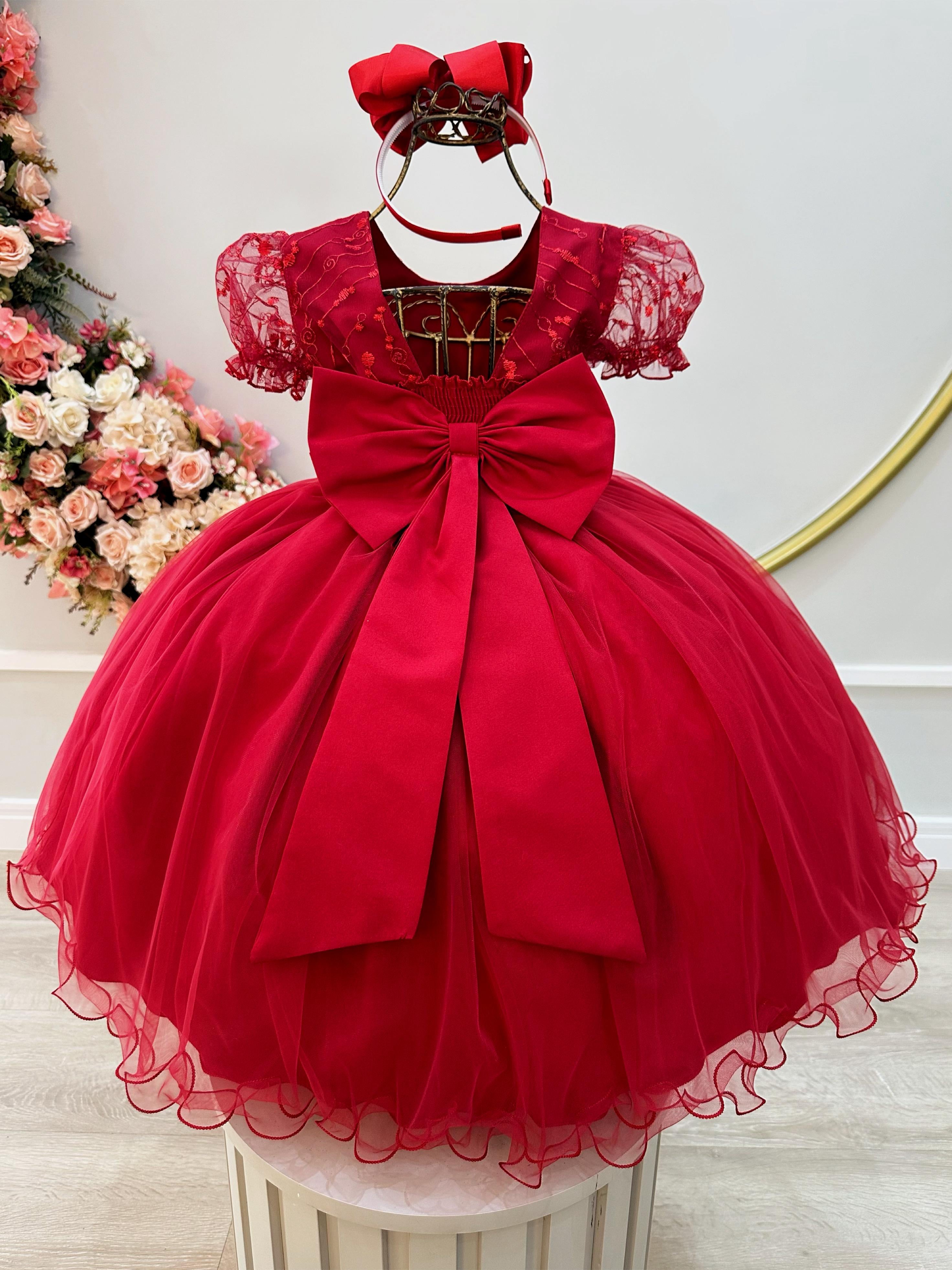 Vestido Infantil Vermelho Escuro Com Renda Daminhas Festas