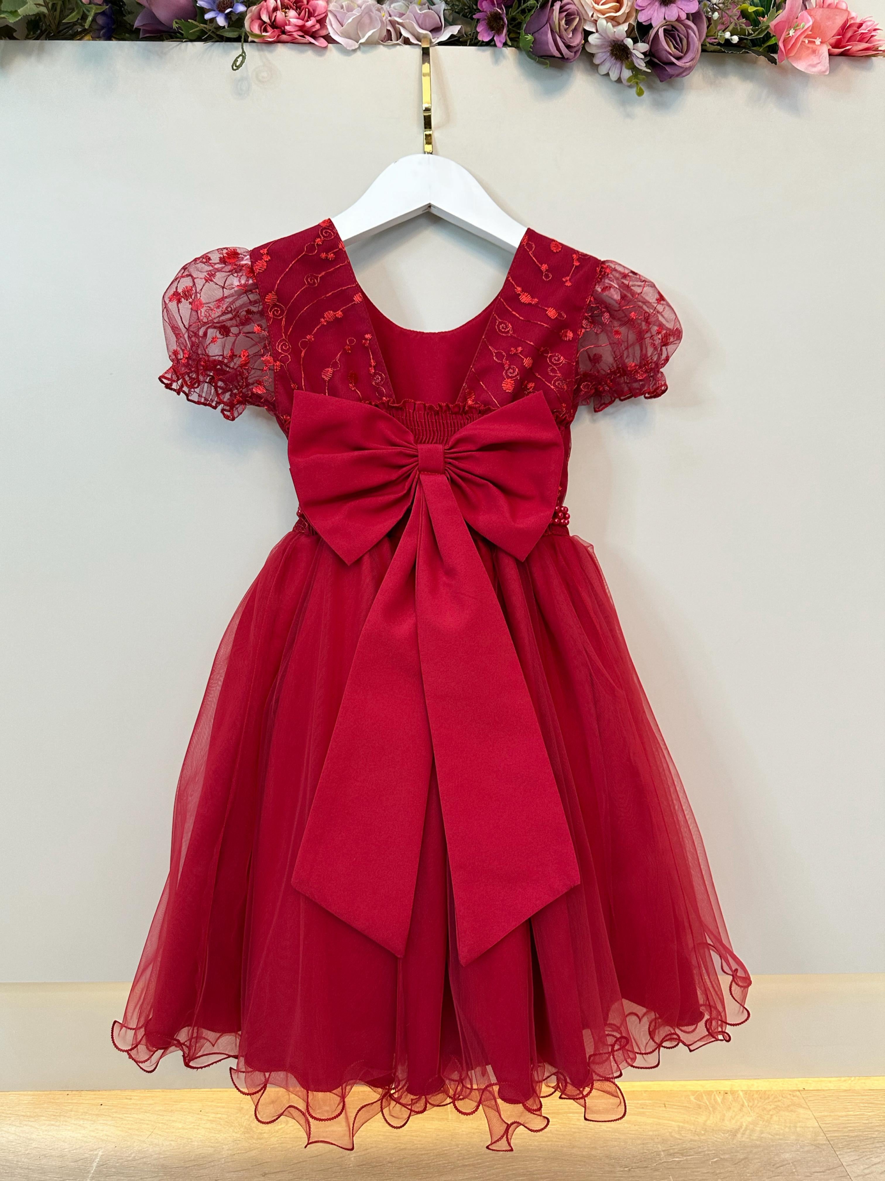Vestido Infantil Vermelho Escuro Com Renda Daminhas Festas