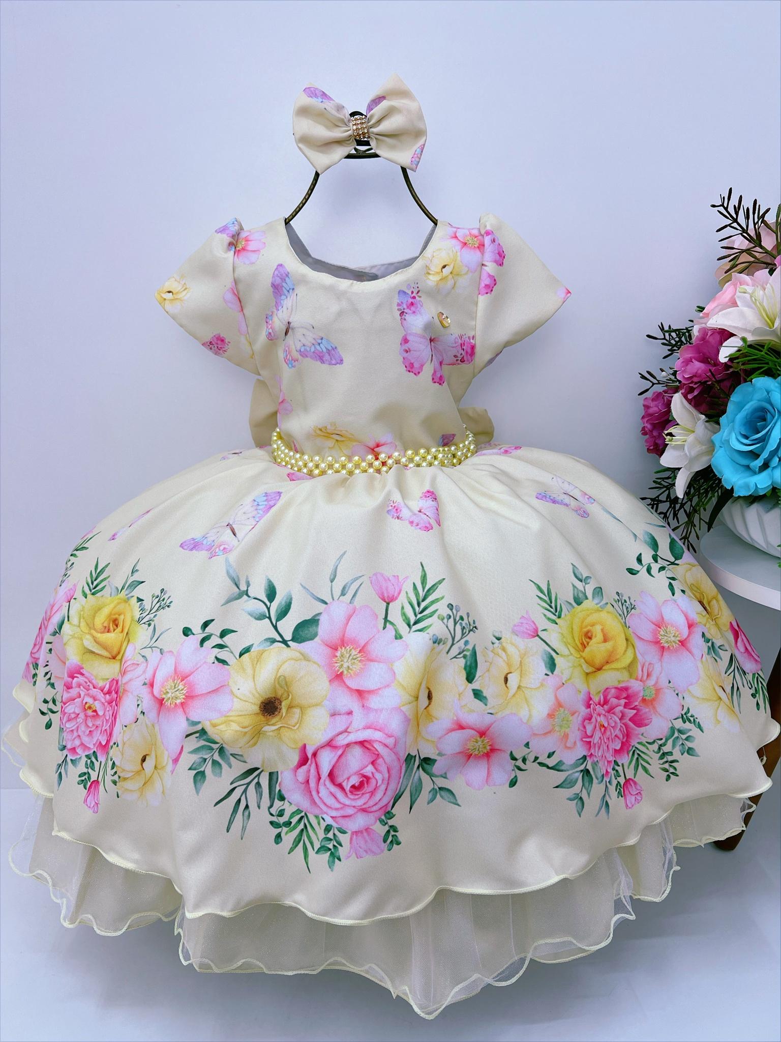 Vestido Infantil Amarelo Jardim das Borboletas Pérolas Laço