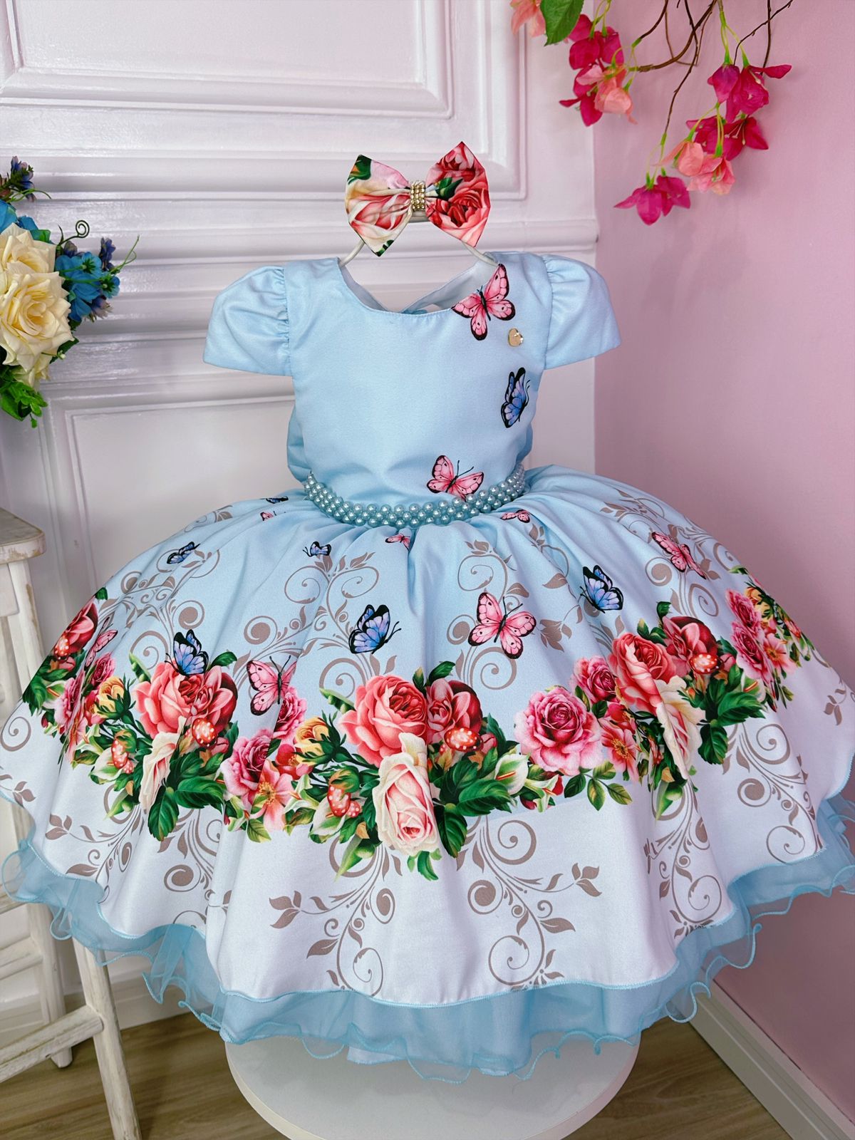 Vestido Infantil Azul Bebê Jardim das Borboletas C/ Laço