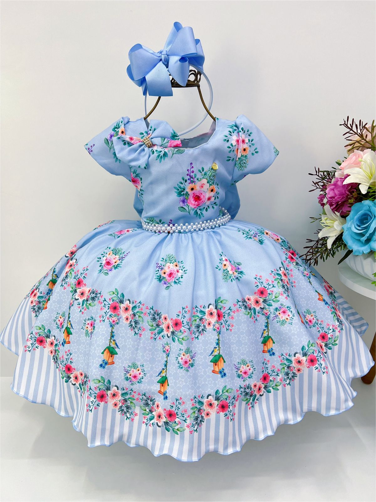 Vestido Infantil Azul Cantinho do Pássaro Laço Cinto Pérolas