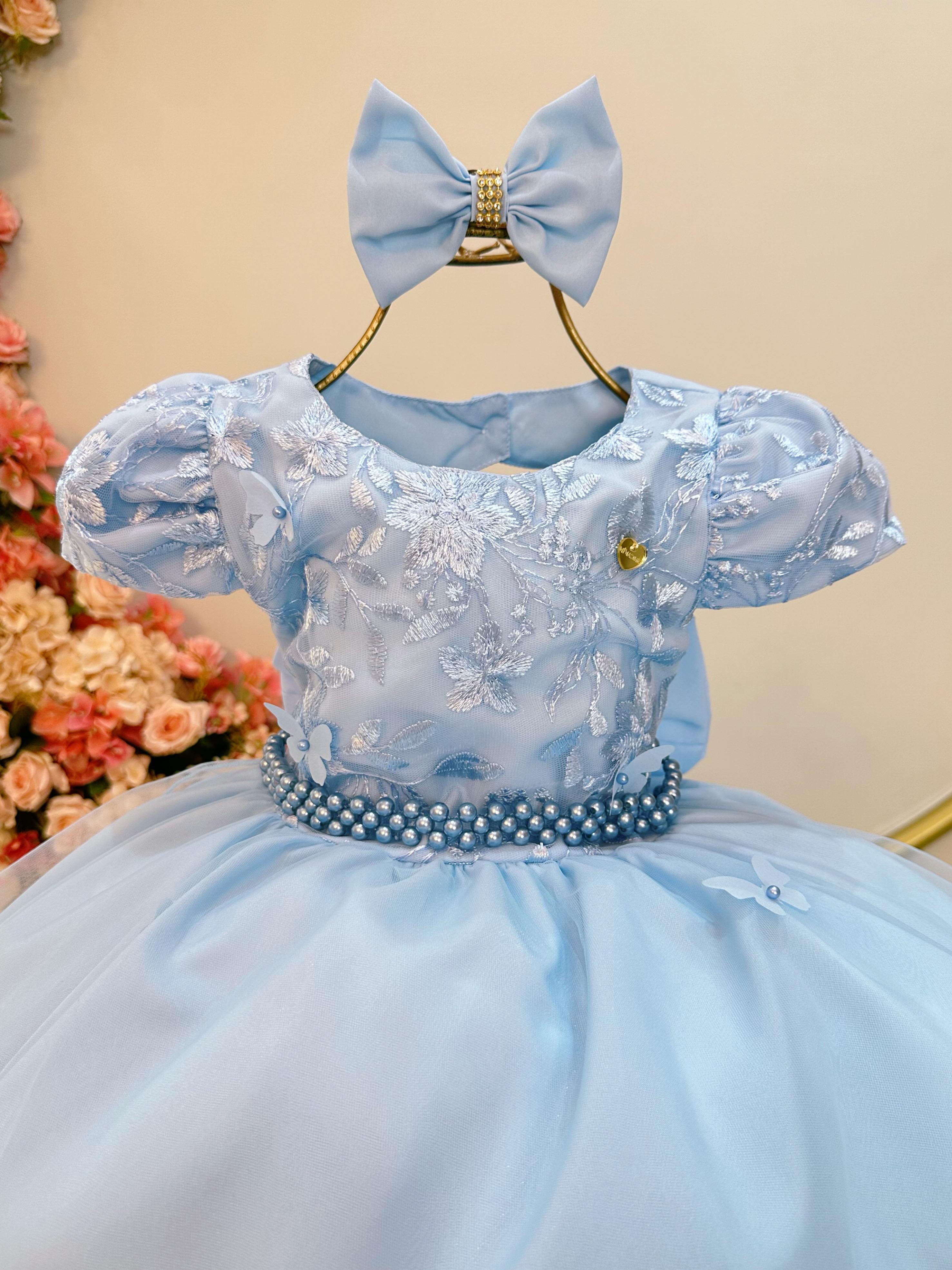 Vestido Infantil Azul Claro Busto C/ Renda Laço Daminhas