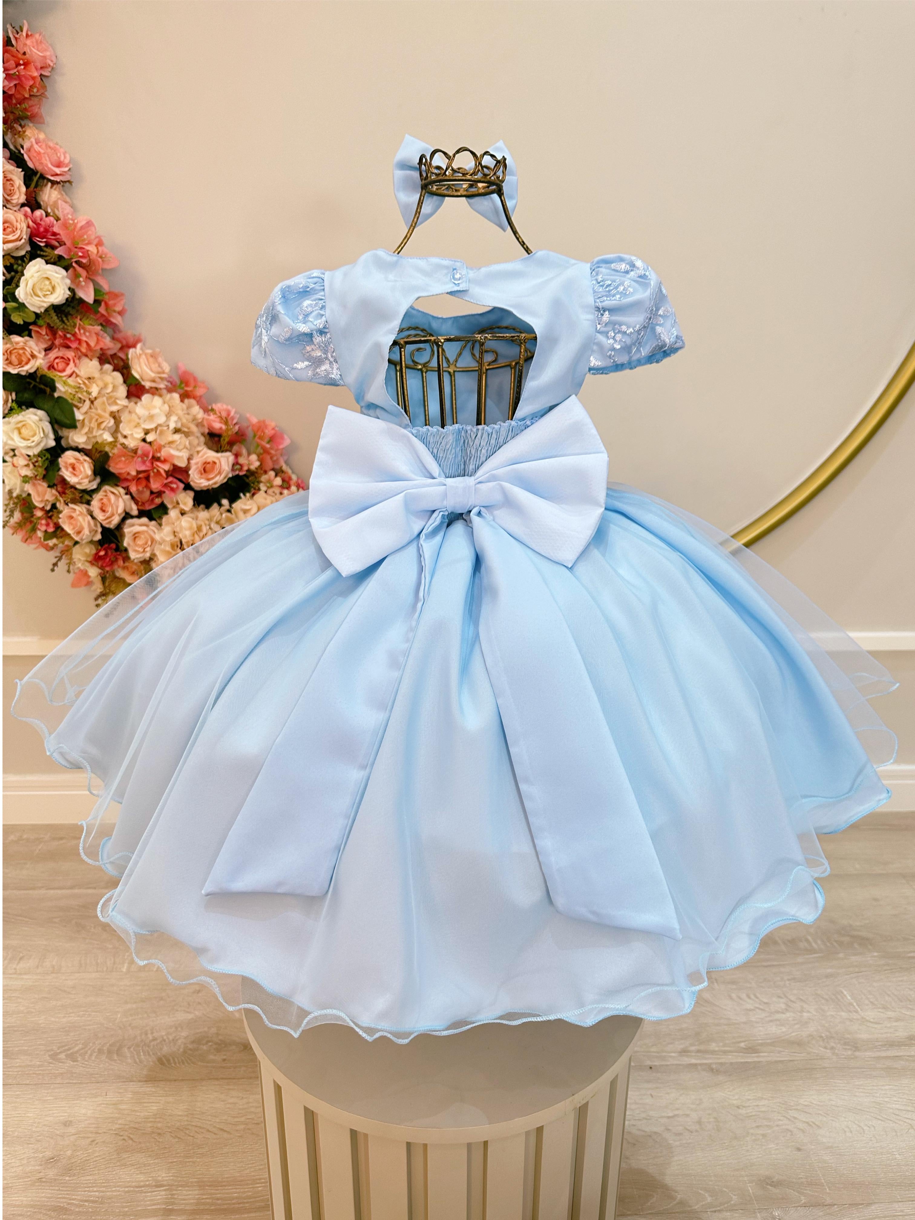 Vestido Infantil Azul Claro Busto C/ Renda Laço Daminhas