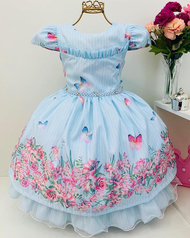 Vestido Infantil Azul Claro Floral Borboletas Luxo Pérolas