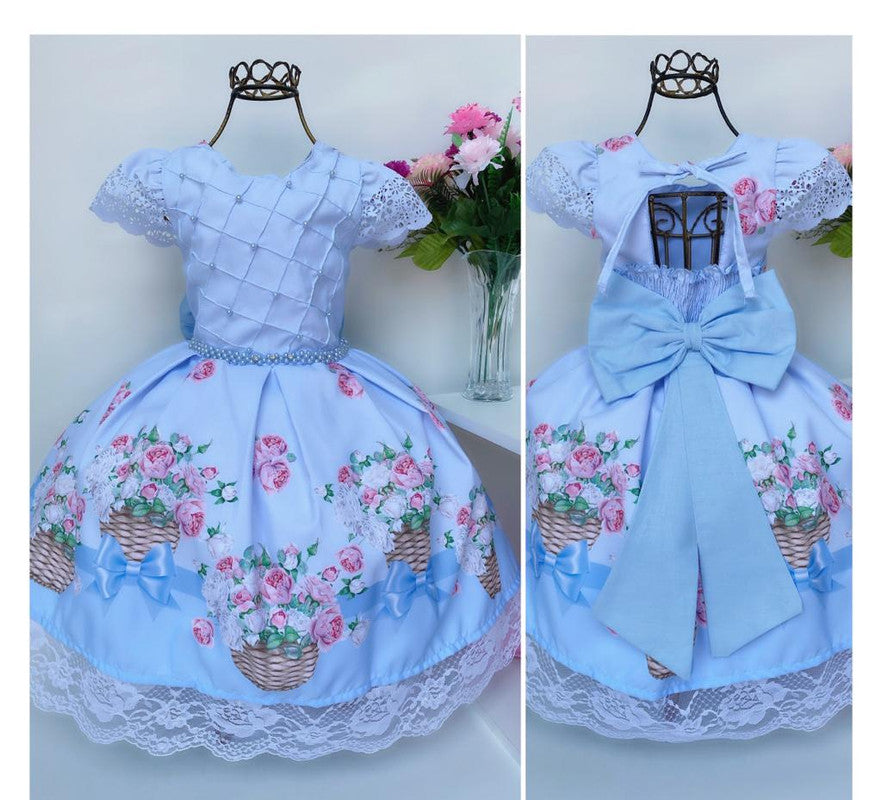 Vestido Infantil Azul Claro Luxo Pérolas Cesto de Flores