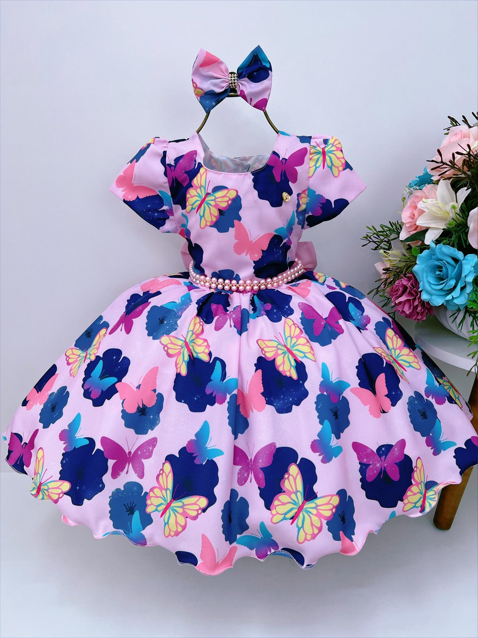 Vestido Infantil Rosa Borboletas Coloridas Laço e Pérolas