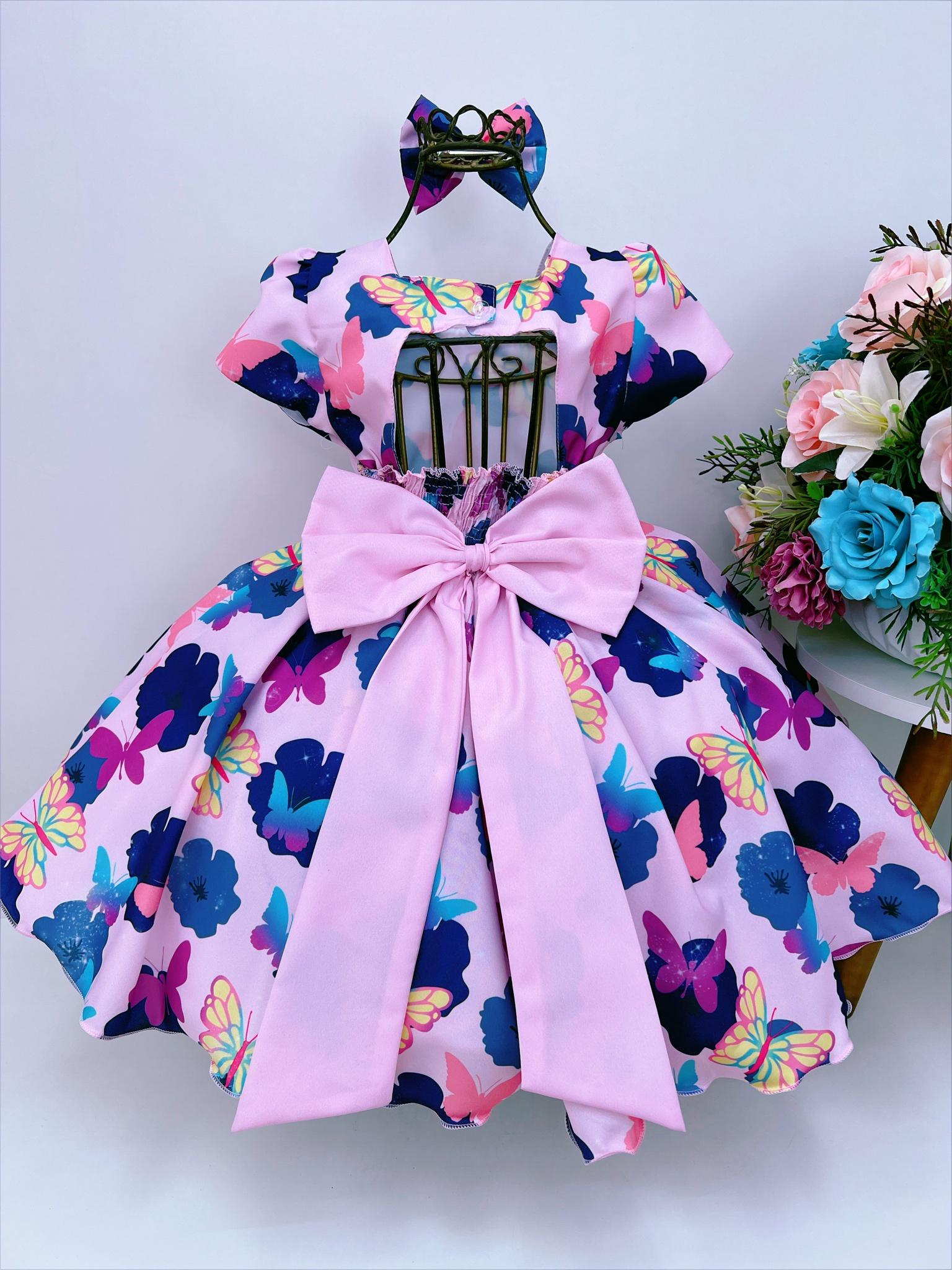 Vestido Infantil Rosa Borboletas Coloridas Laço e Pérolas