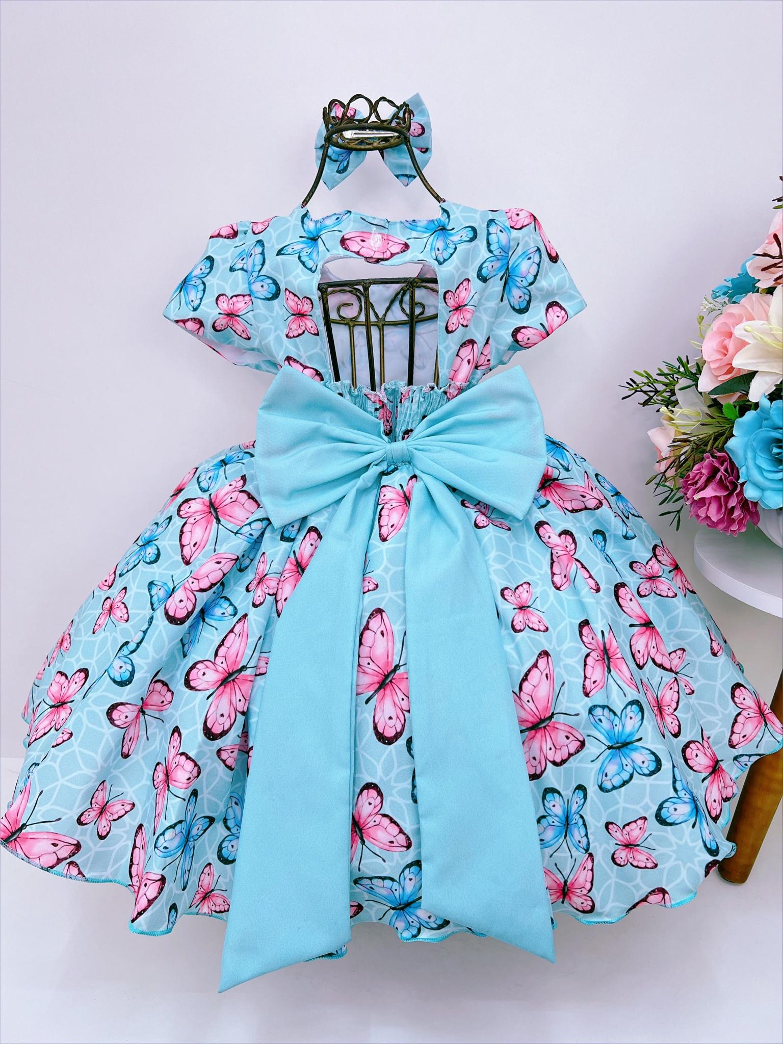 Vestido Infantil Verde Tiffany Borboletas Coloridas Pérolas