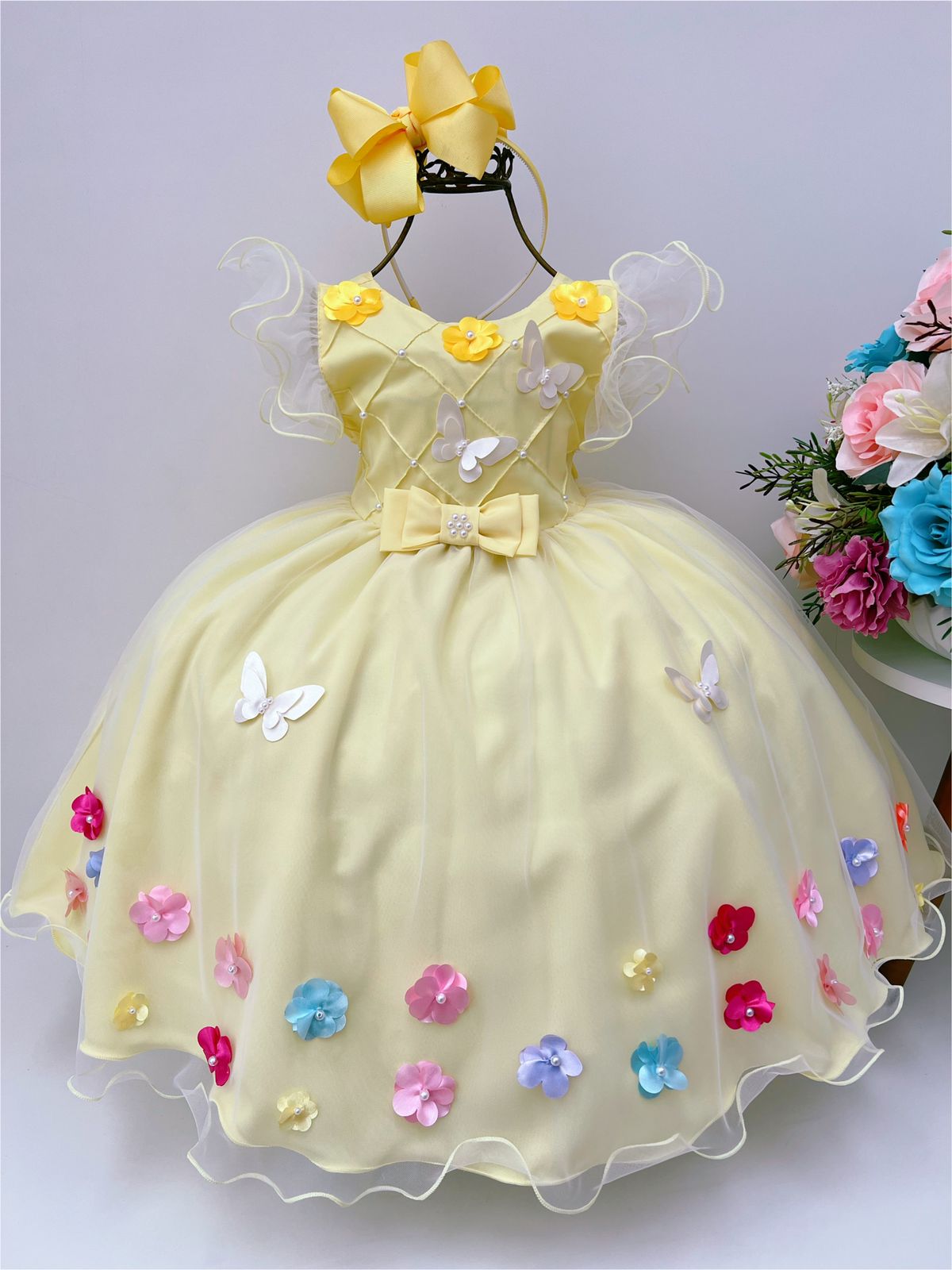 Vestido Infantil Amarelo Nervura Aplique Flores Borboletas