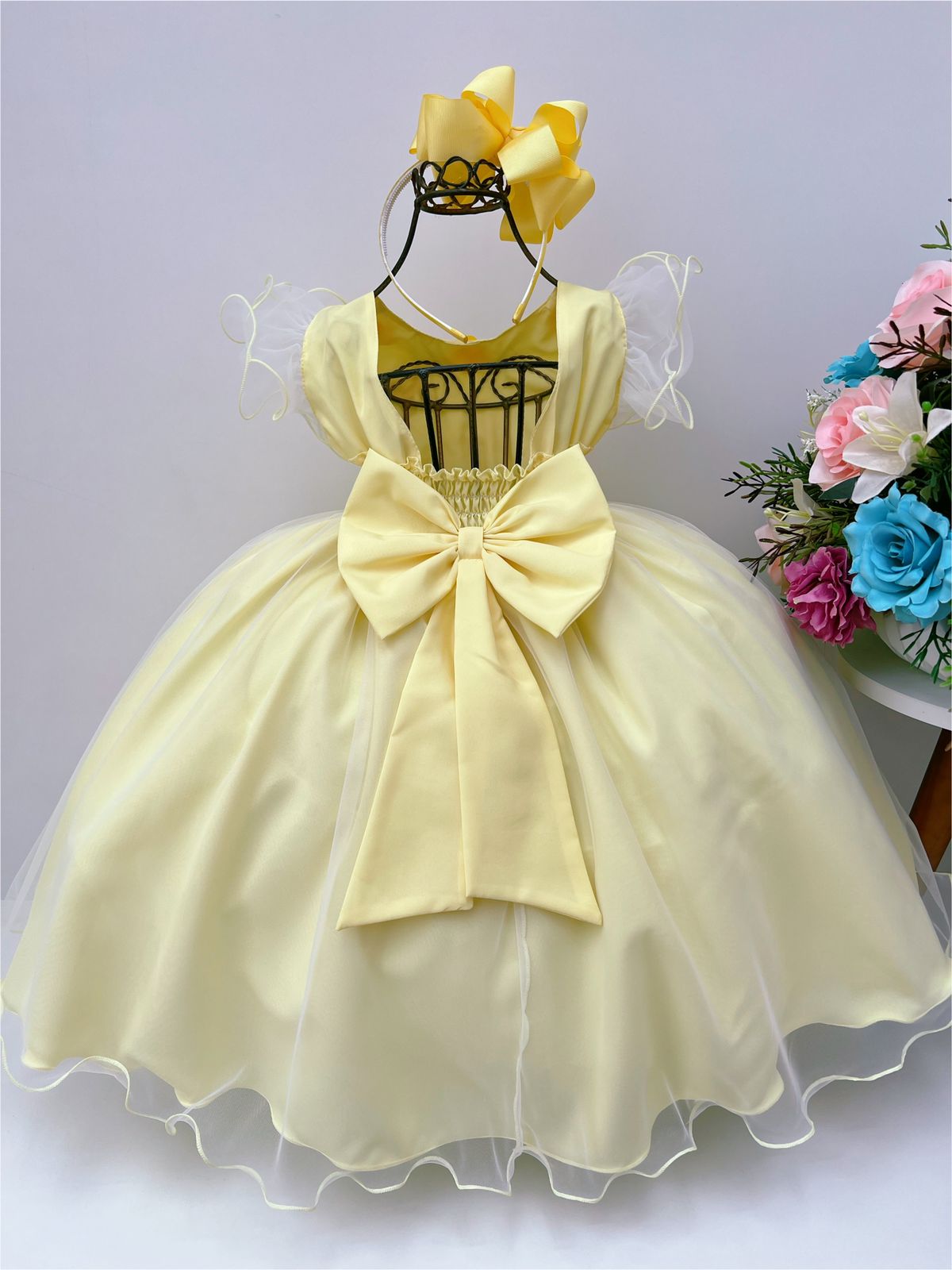 Vestido Infantil Amarelo Nervura Aplique Flores Borboletas