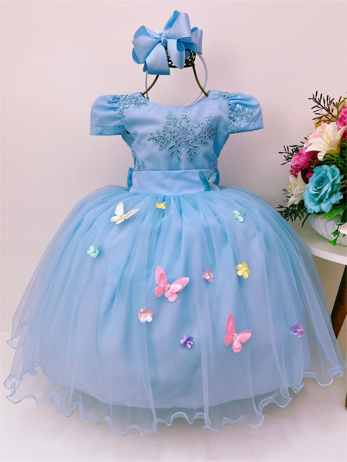 VESTIDO INFANTIL AZUL APLIQUE BORBOLETAS RENDA PRINCESAS