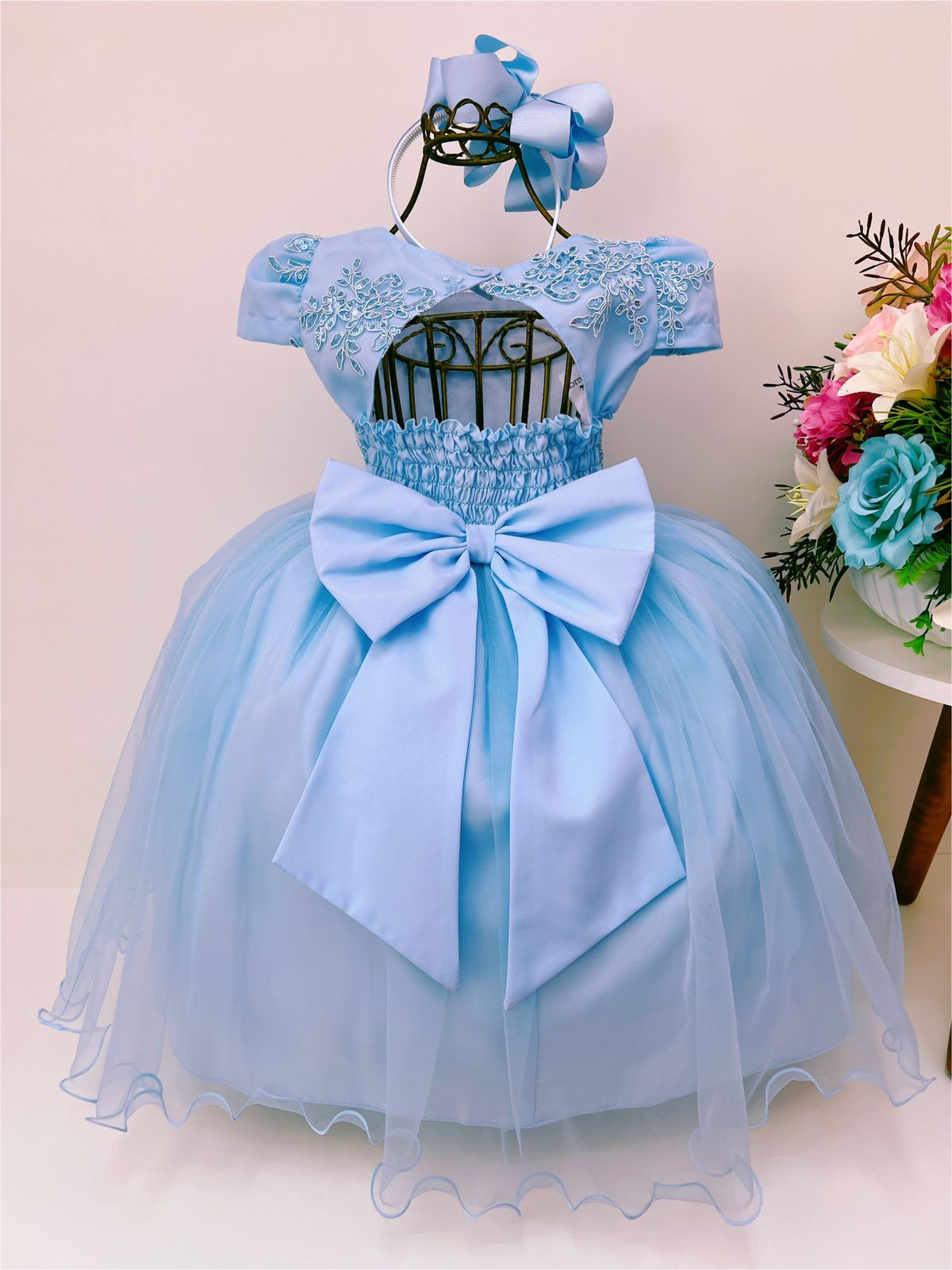 VESTIDO INFANTIL AZUL APLIQUE BORBOLETAS RENDA PRINCESAS