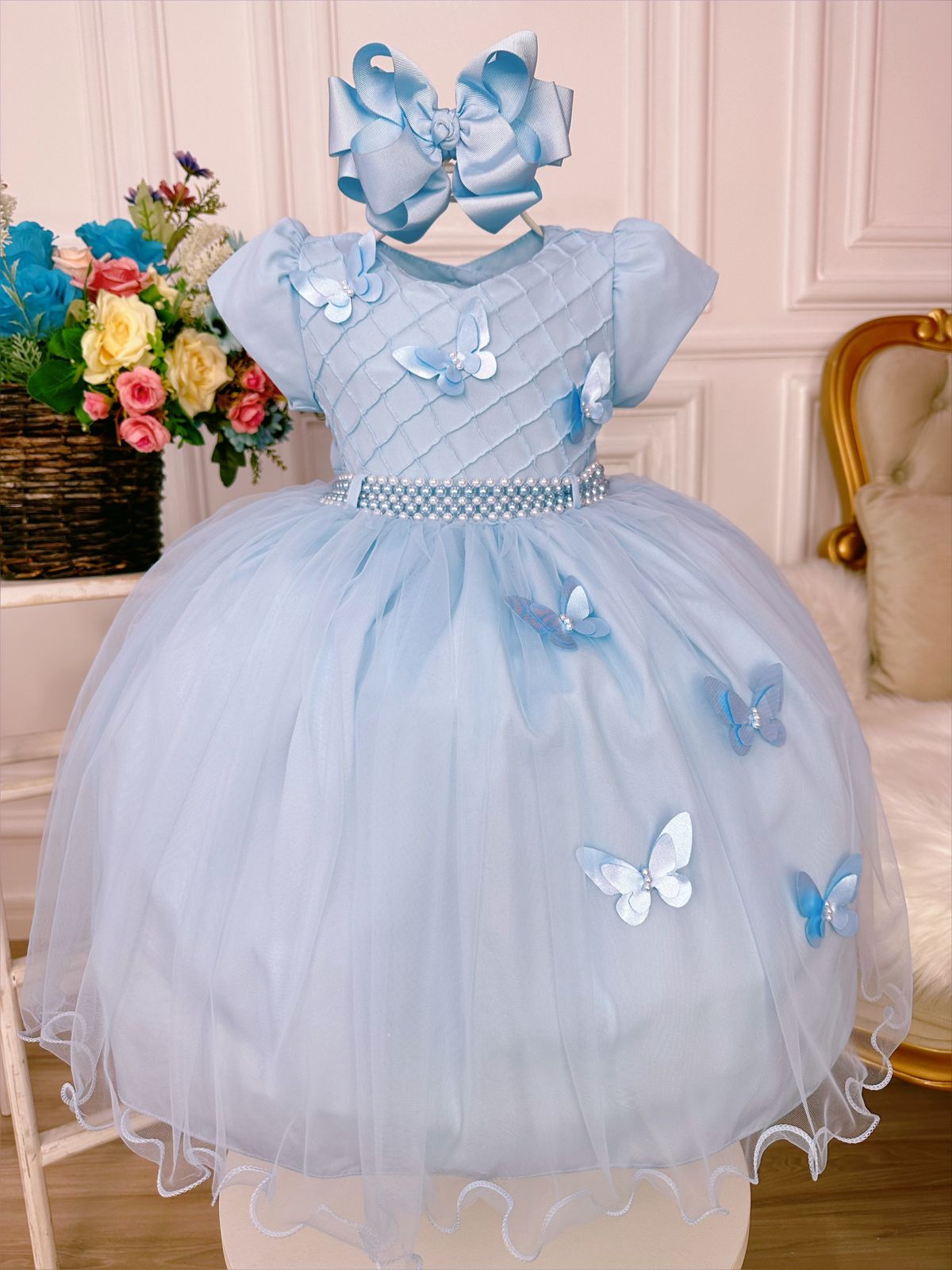 Vestido Infantil Azul Bebê Peito Nervura Aplique Borboletas