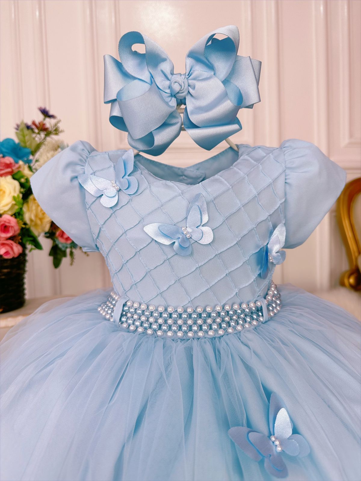 Vestido Infantil Azul Bebê Peito Nervura Aplique Borboletas