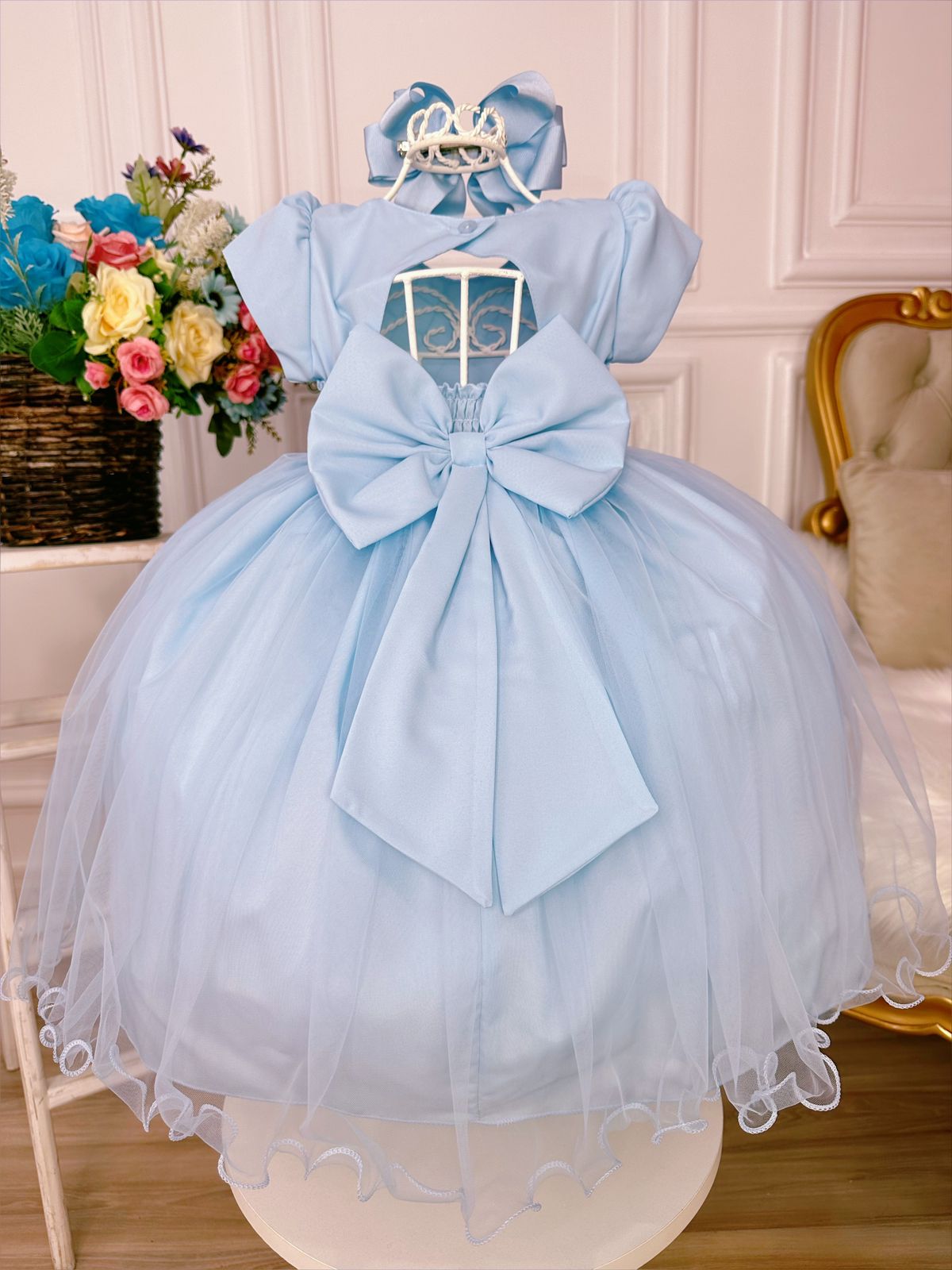 Vestido Infantil Azul Bebê Peito Nervura Aplique Borboletas