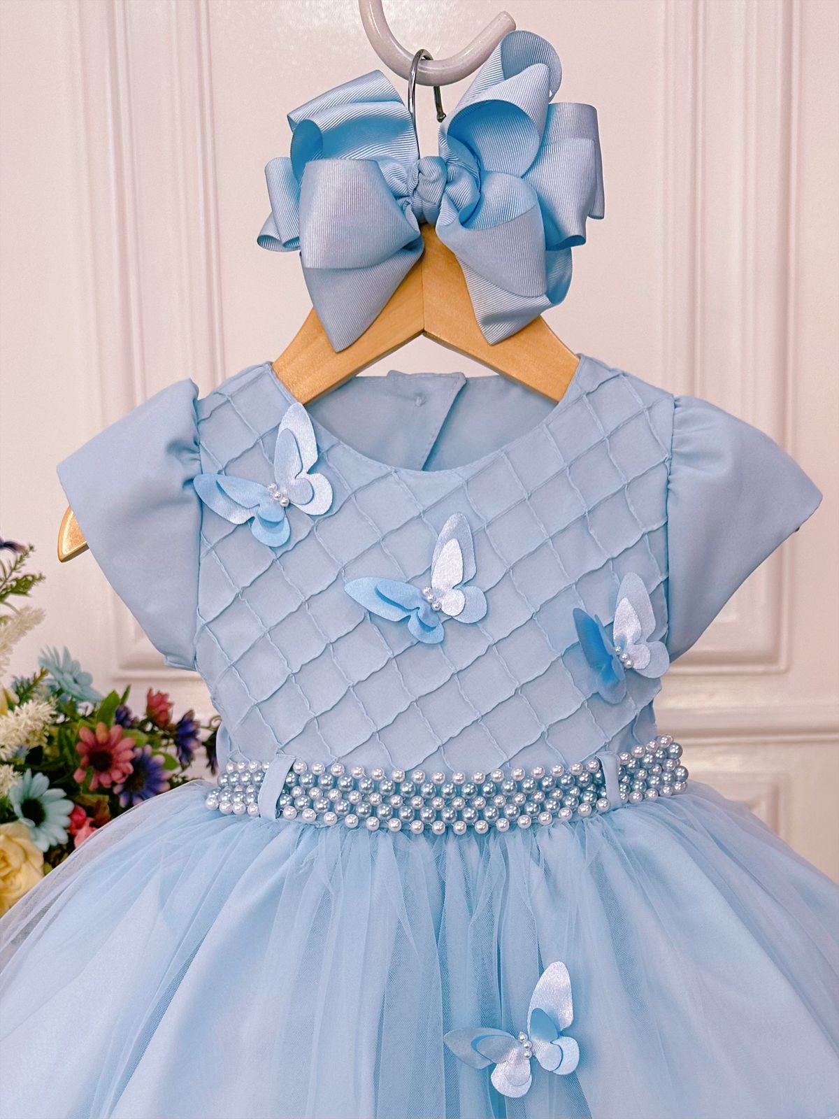 Vestido Infantil Azul Bebê Peito Nervura Aplique Borboletas