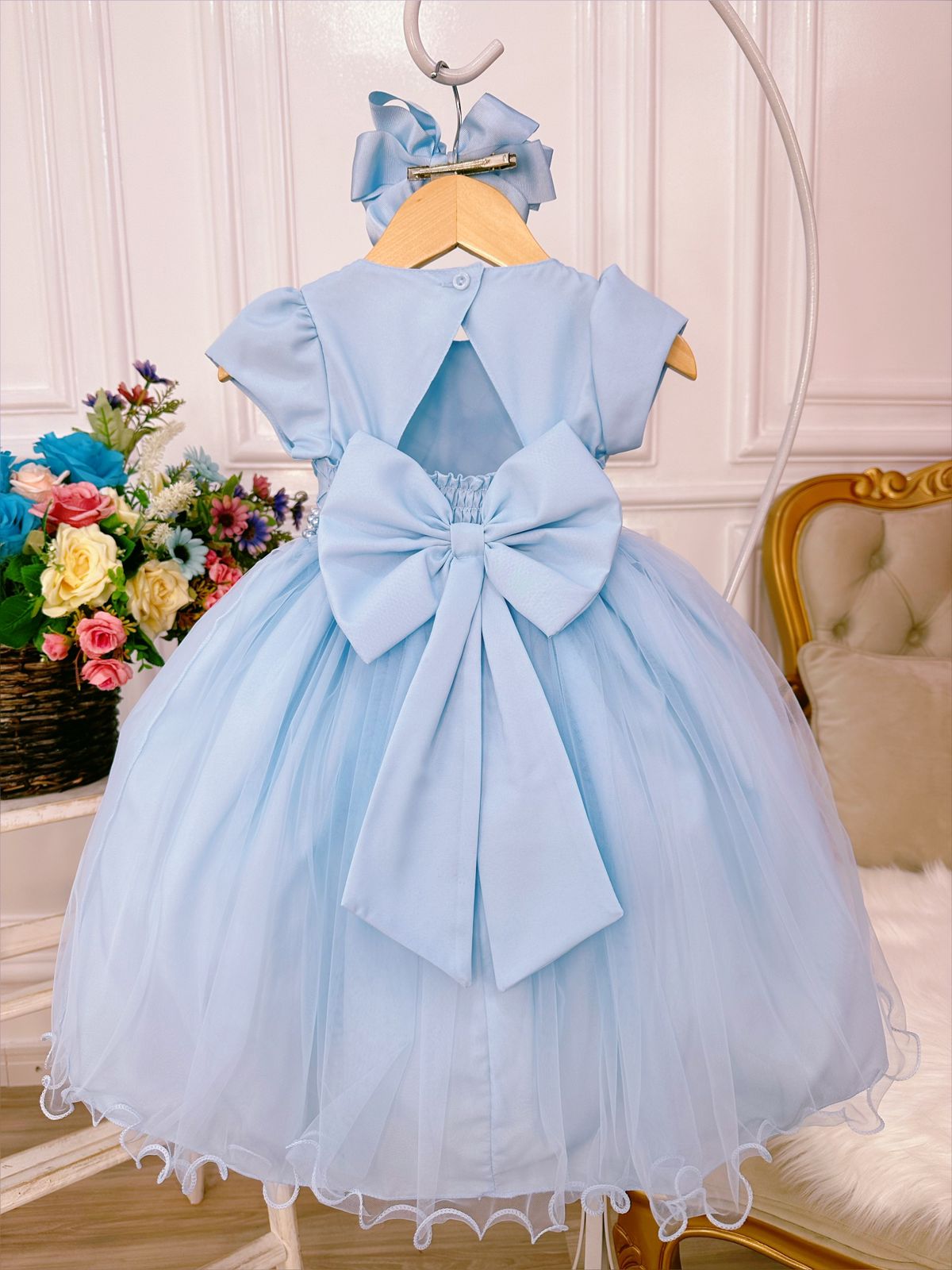 Vestido Infantil Azul Bebê Peito Nervura Aplique Borboletas