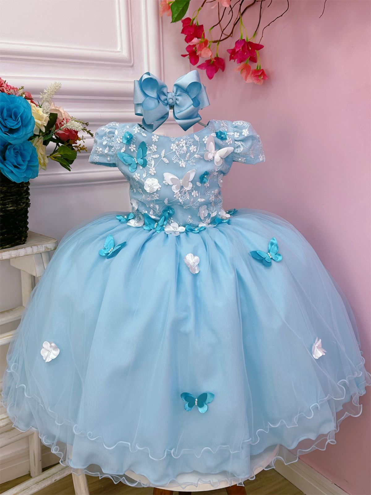 Vestido Infantil Azul C/ Aplique e Borboletas Flores e Renda