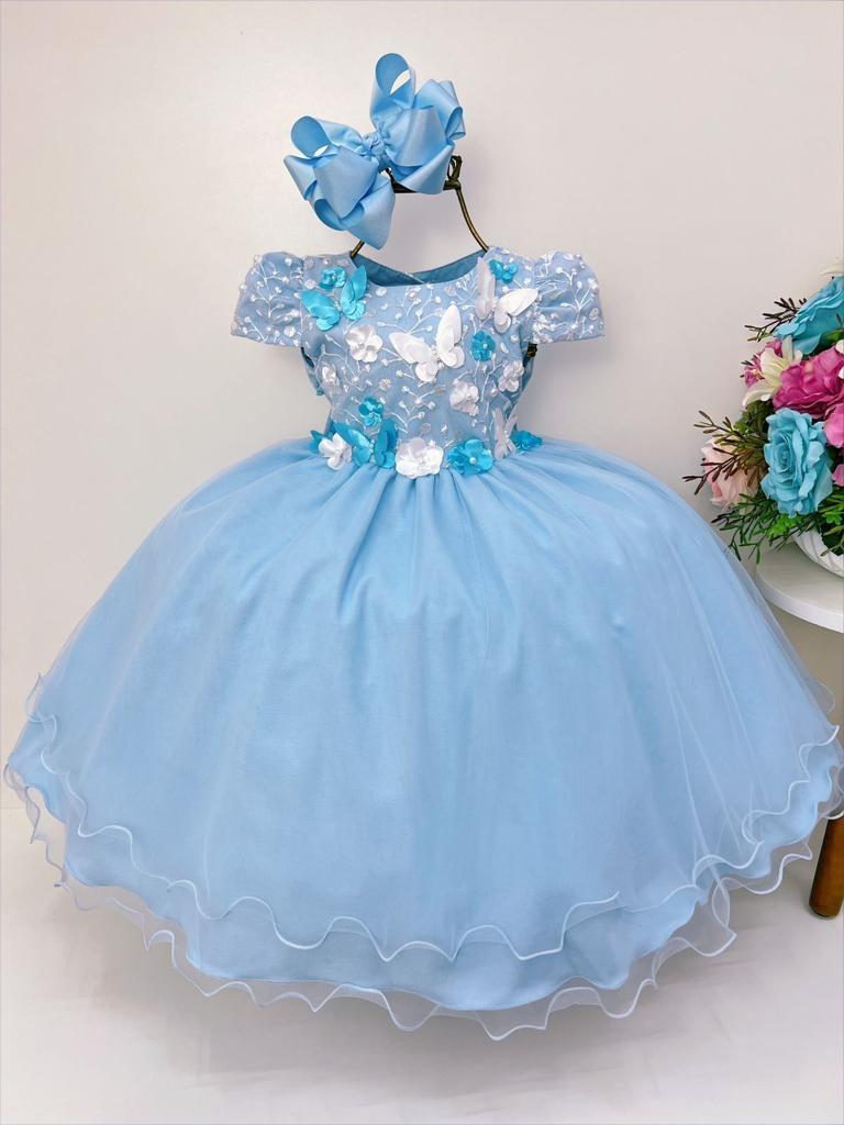 Vestido Infantil Azul C/ Renda e Aplique Borboletas Flores