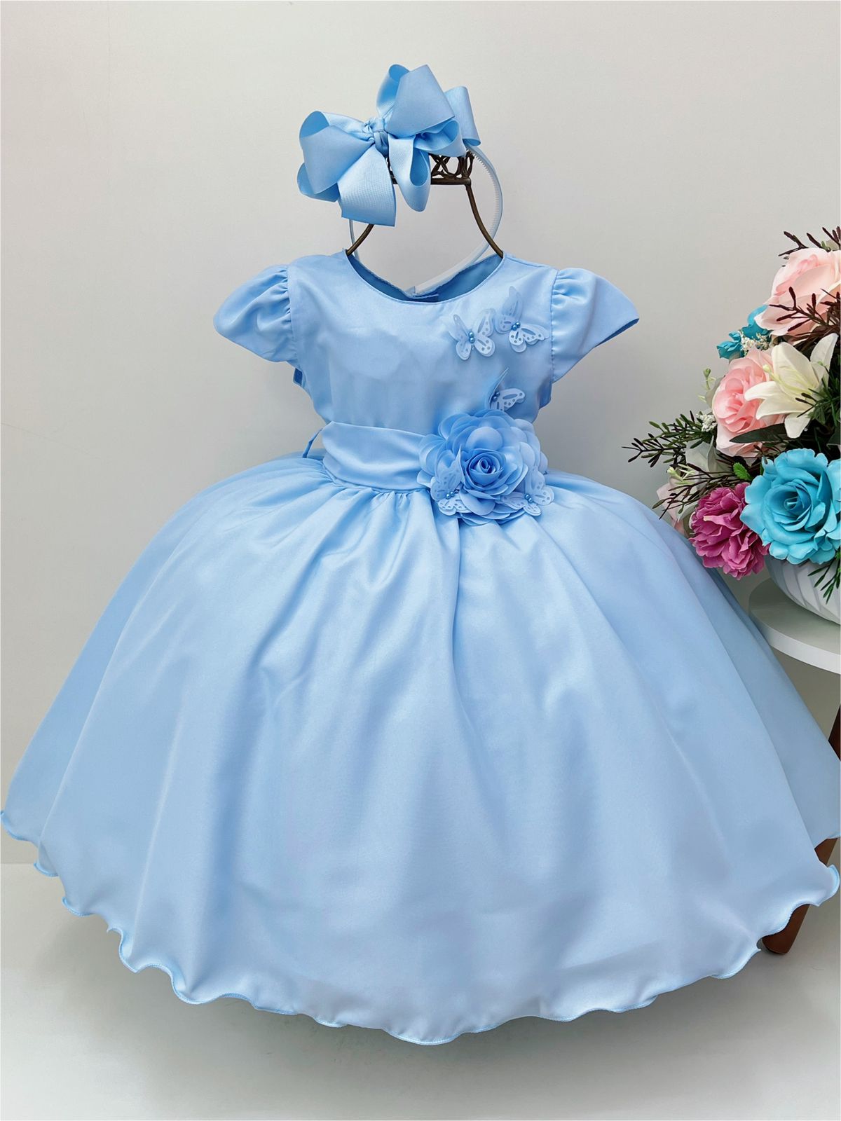 VESTIDO INFANTIL AZUL COM APLIQUE DE BORBOLETAS E FLORES