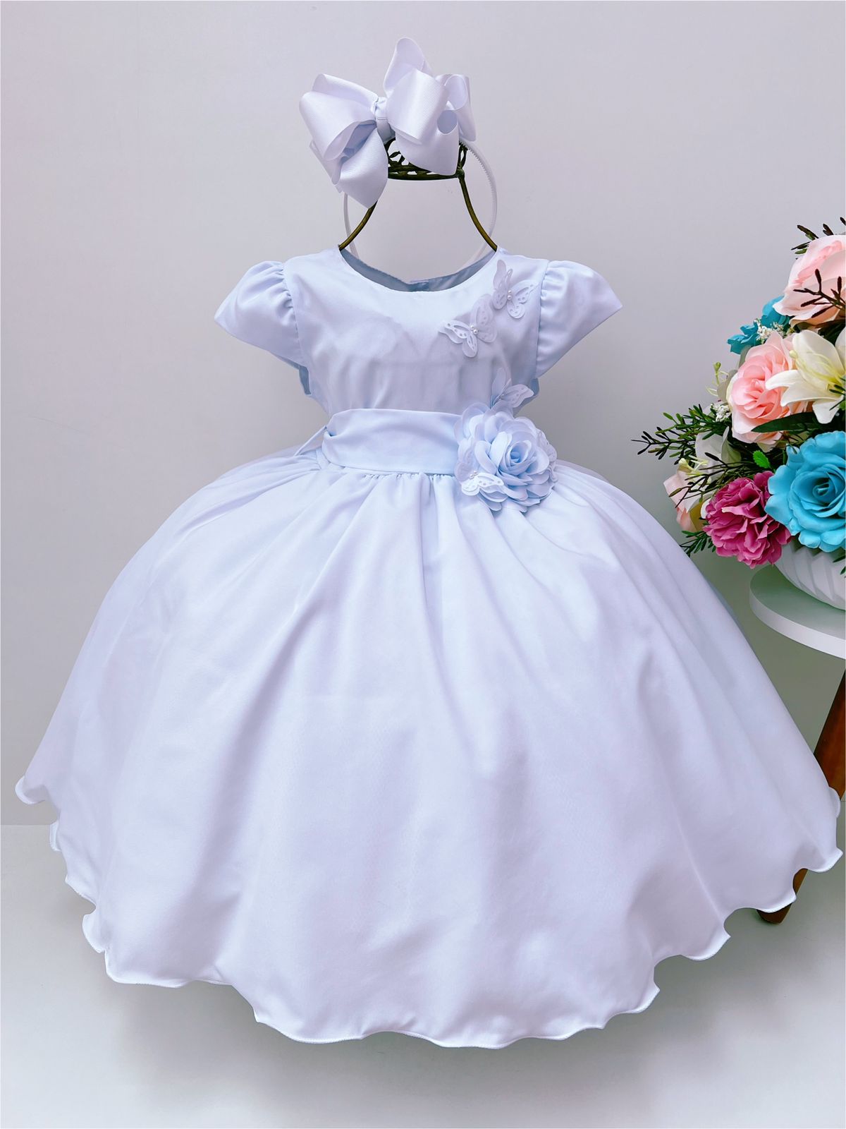 VESTIDO INFANTIL BRANCO COM APLIQUE DE BORBOLETAS E FLORES