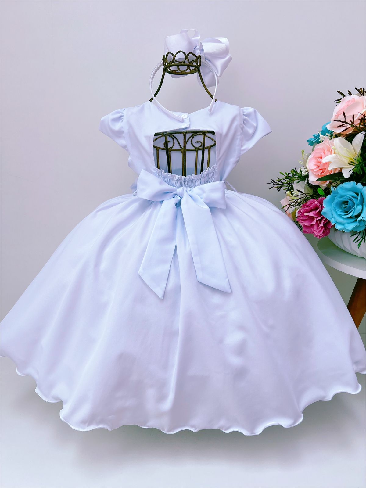 VESTIDO INFANTIL BRANCO COM APLIQUE DE BORBOLETAS E FLORES