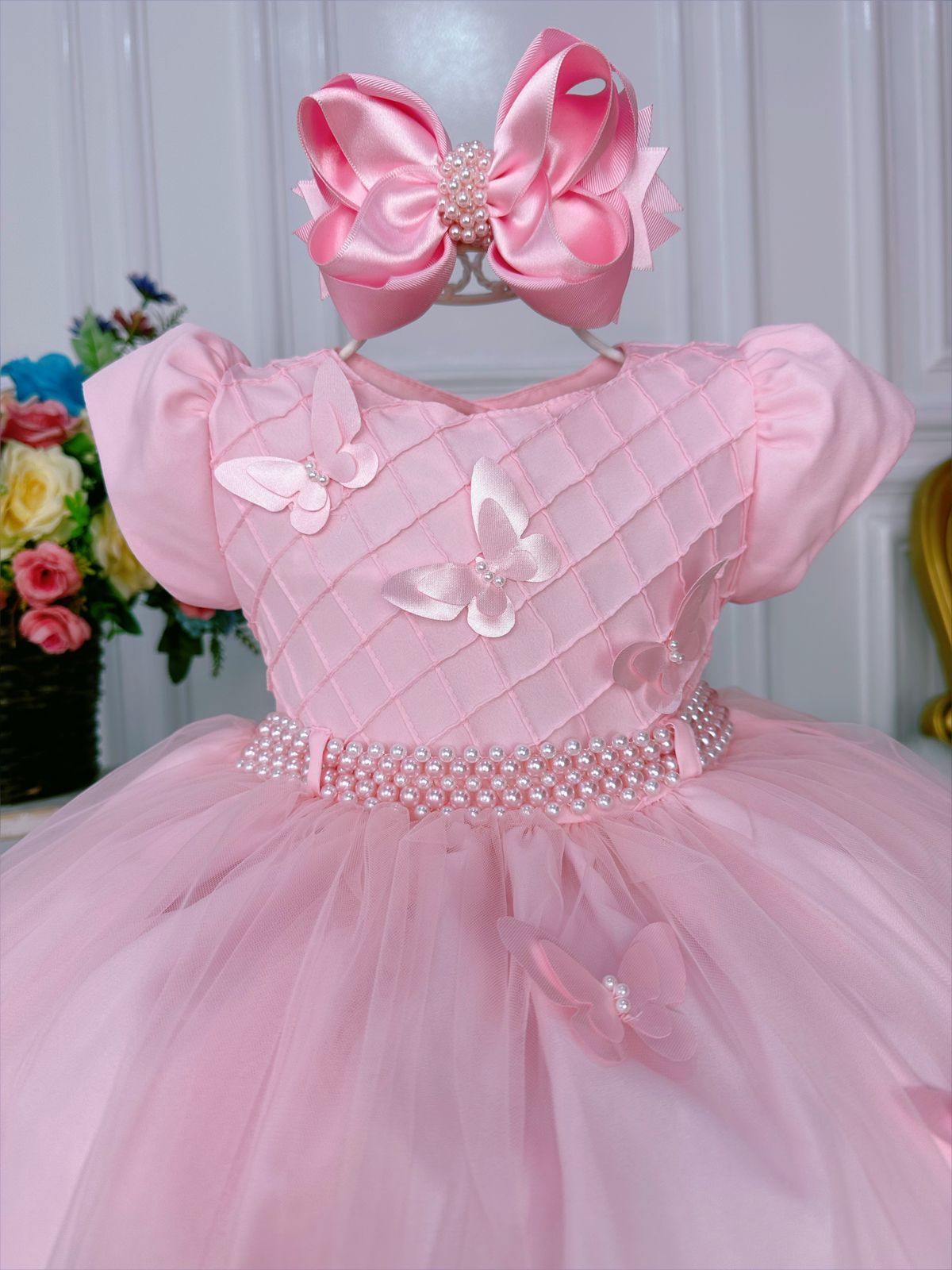 Vestido Infantil Rosa Peito Nervura Aplique de Borboletas