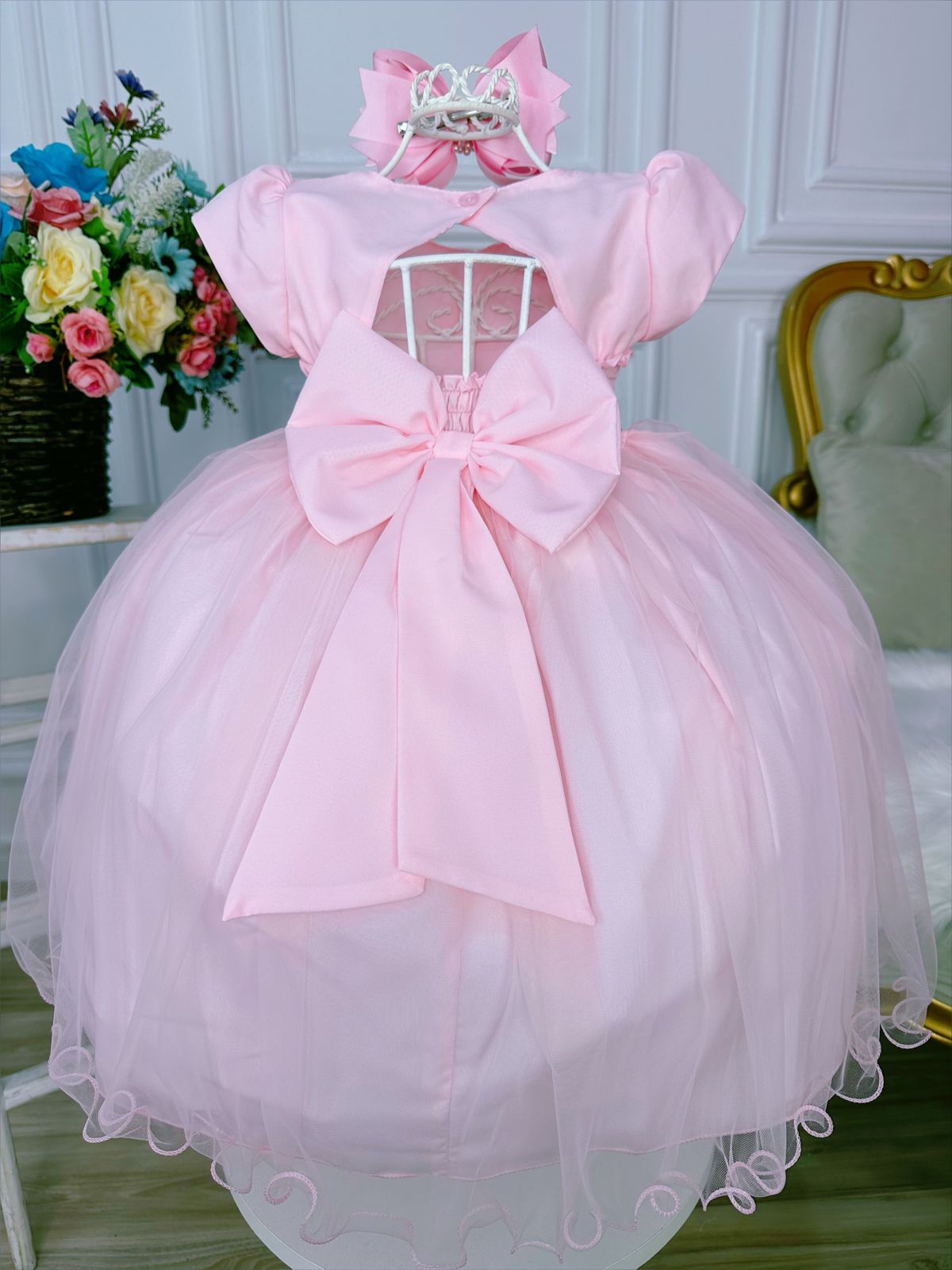 Vestido Infantil Rosa Peito Nervura Aplique de Borboletas