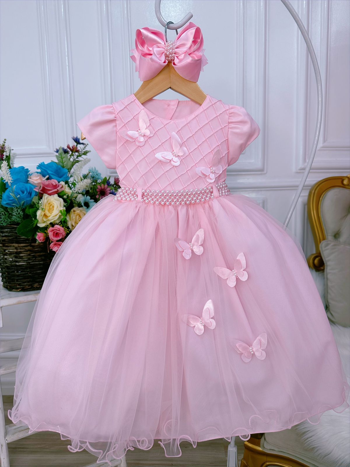 Vestido Infantil Rosa Peito Nervura Aplique de Borboletas