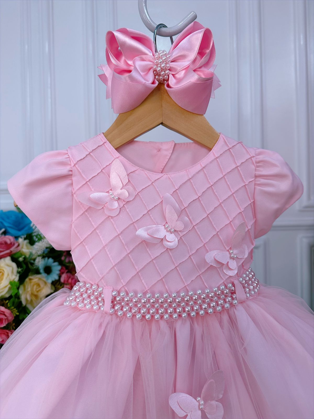 Vestido Infantil Rosa Peito Nervura Aplique de Borboletas