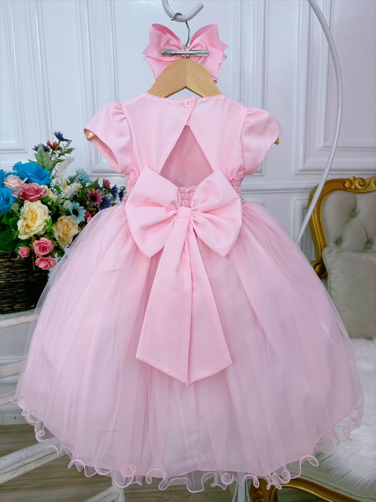 Vestido Infantil Rosa Peito Nervura Aplique de Borboletas