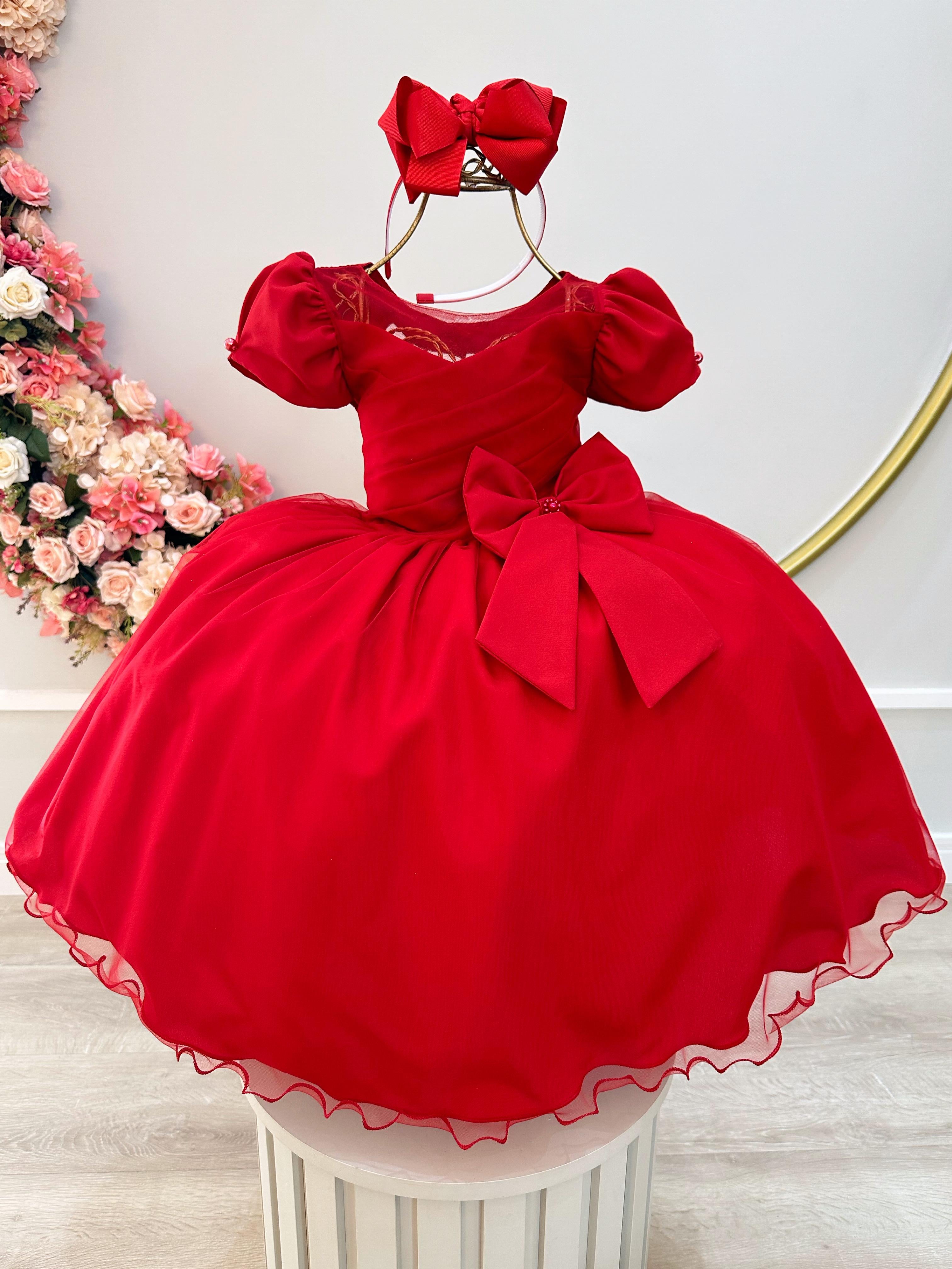 Vestido Infantil Vermelho Com Broche de Laço Daminhas