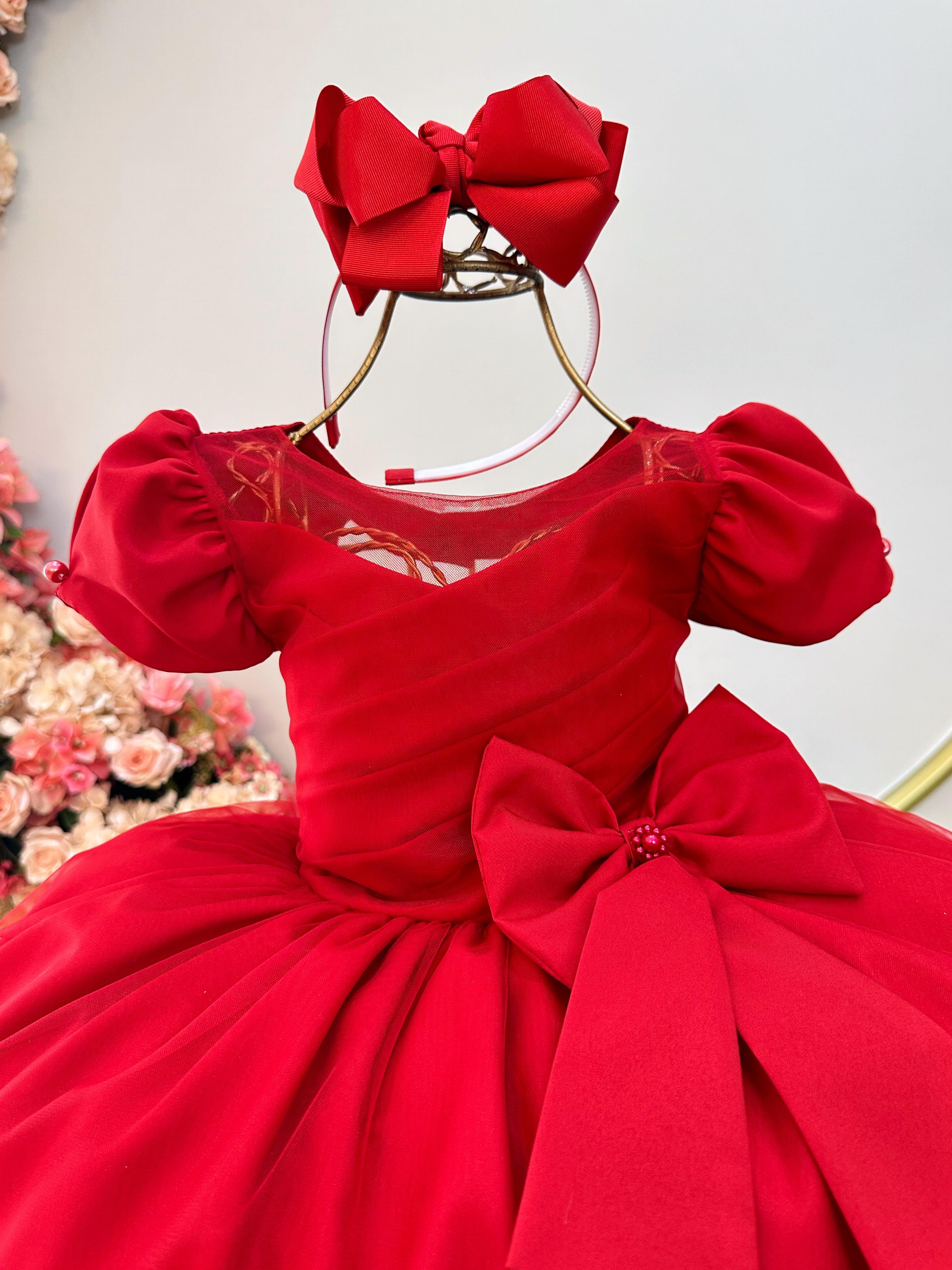 Vestido Infantil Vermelho Com Broche de Laço Daminhas