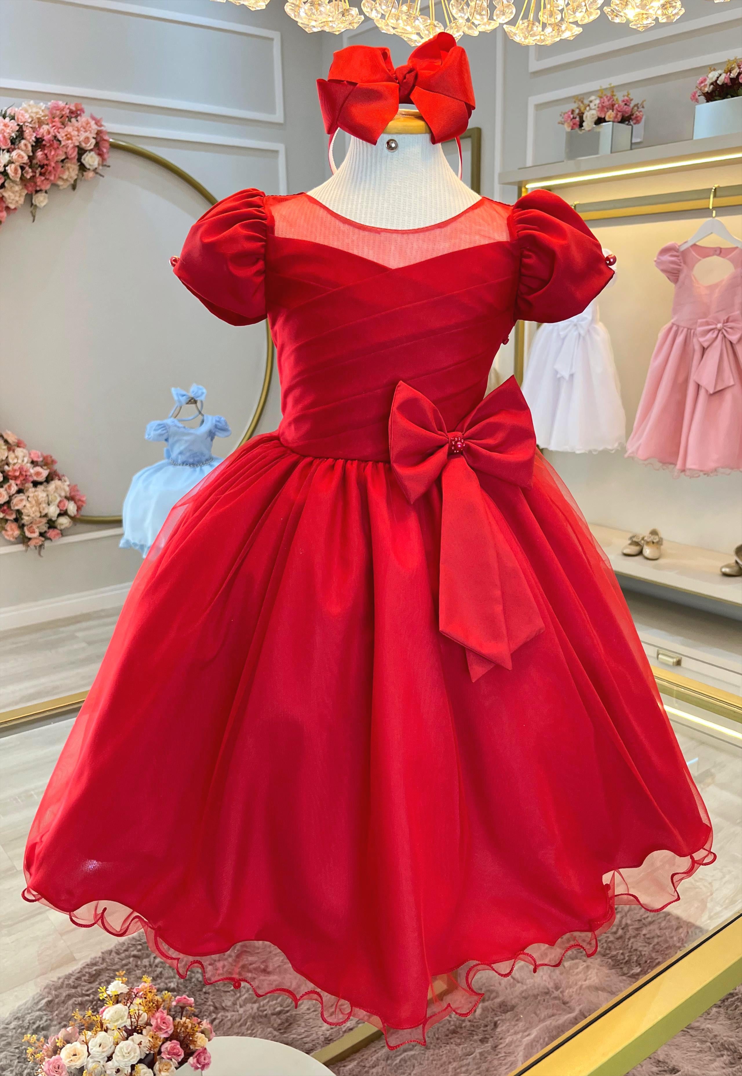 Vestido Infantil Vermelho Com Broche de Laço Daminhas